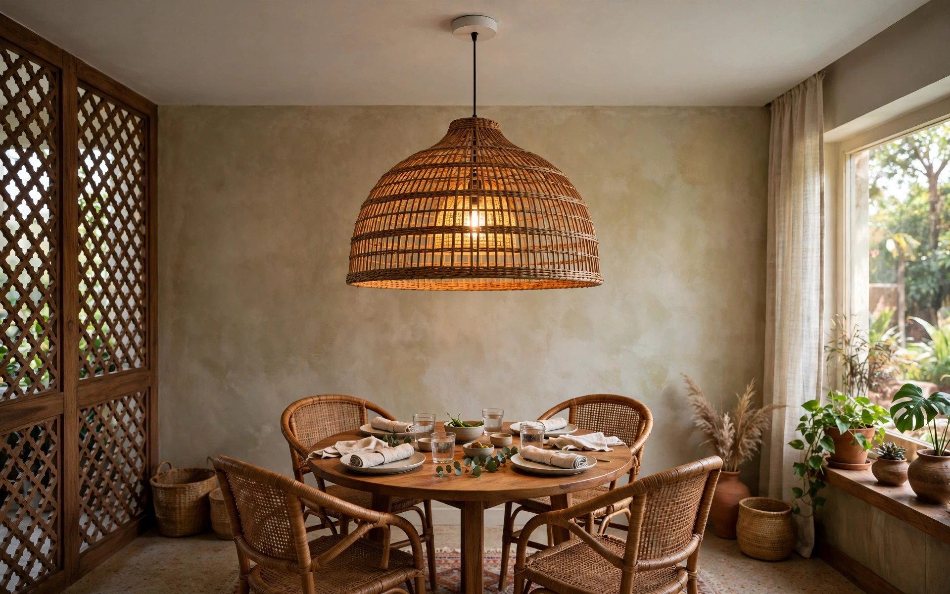 Concept render of one large woven rattan pendant light over a small round dining table