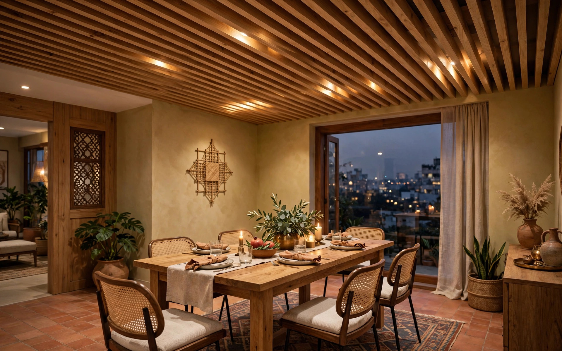 Concept render of a wooden slat false ceiling with warm spotlights glowing between battens over a dining table