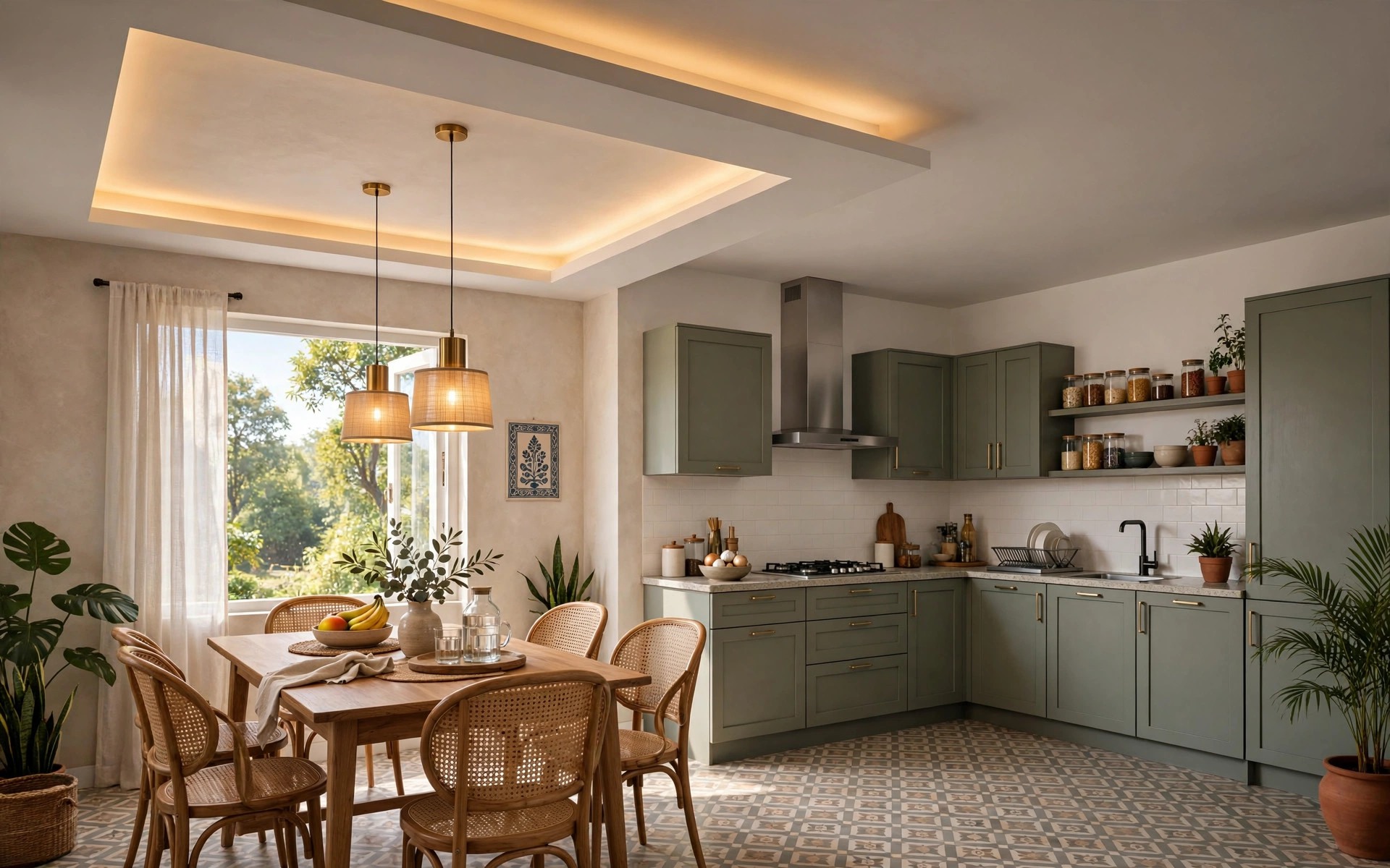 Concept render of a dining table beside an open kitchen, with a dropped tray and pendants zoning the dining area while the kitchen keeps a plain flat ceiling