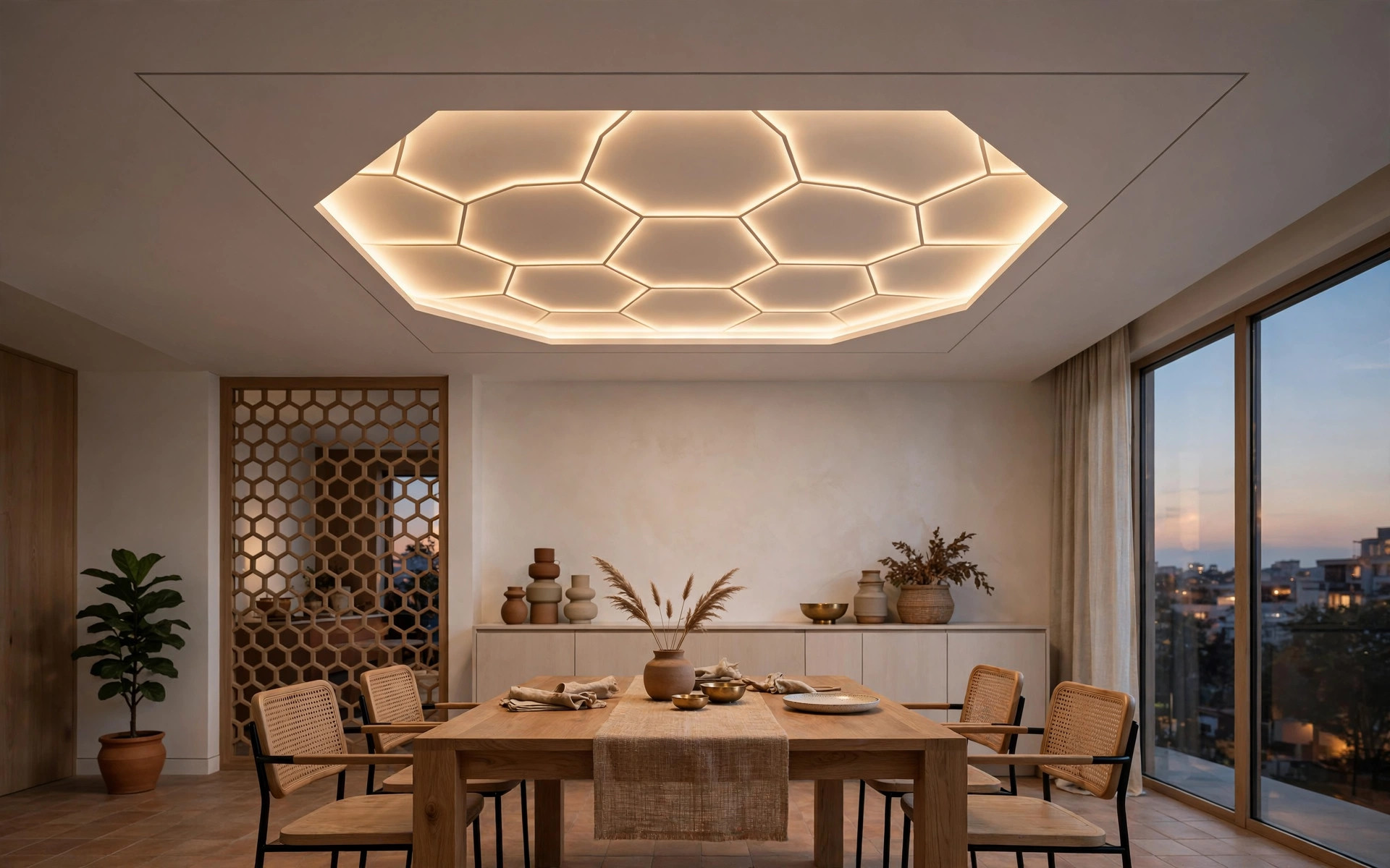 Concept render of a backlit hexagonal ceiling panel glowing over a dining table in a modern Indian dining room