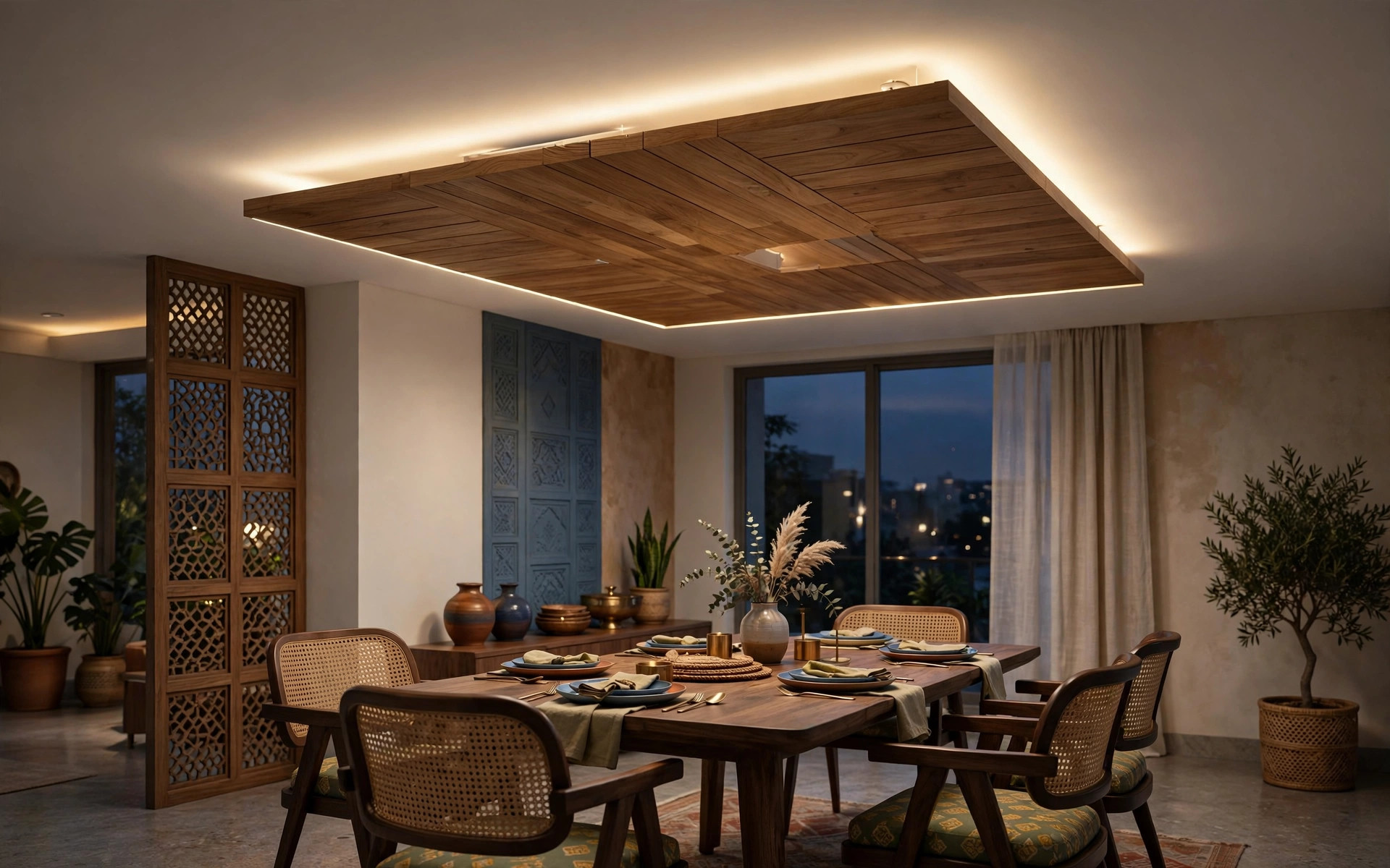Concept render of a floating backlit wooden ceiling panel hovering over a dining table