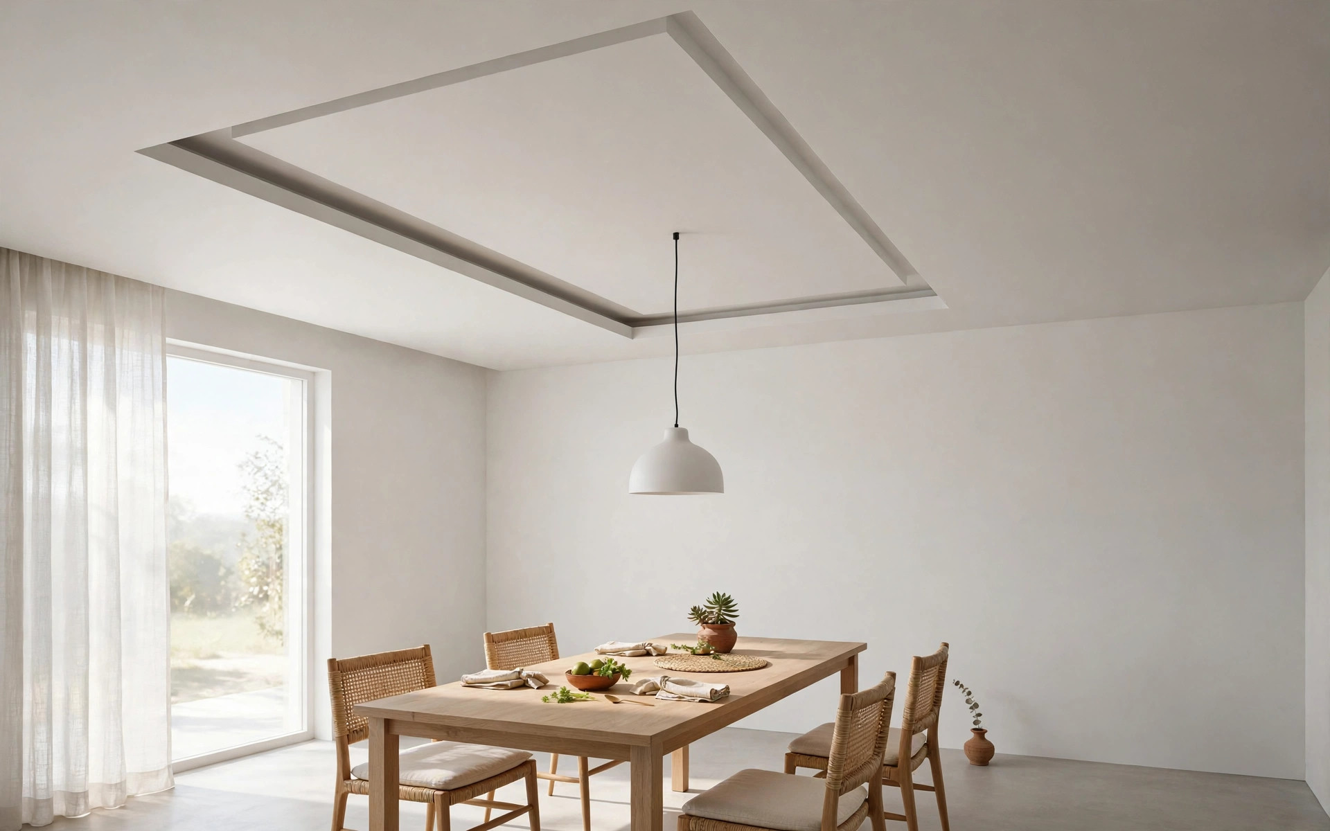Concept render of a dropped rectangular gypsum tray in a plain ceiling, following the length of the dining table below with one central pendant