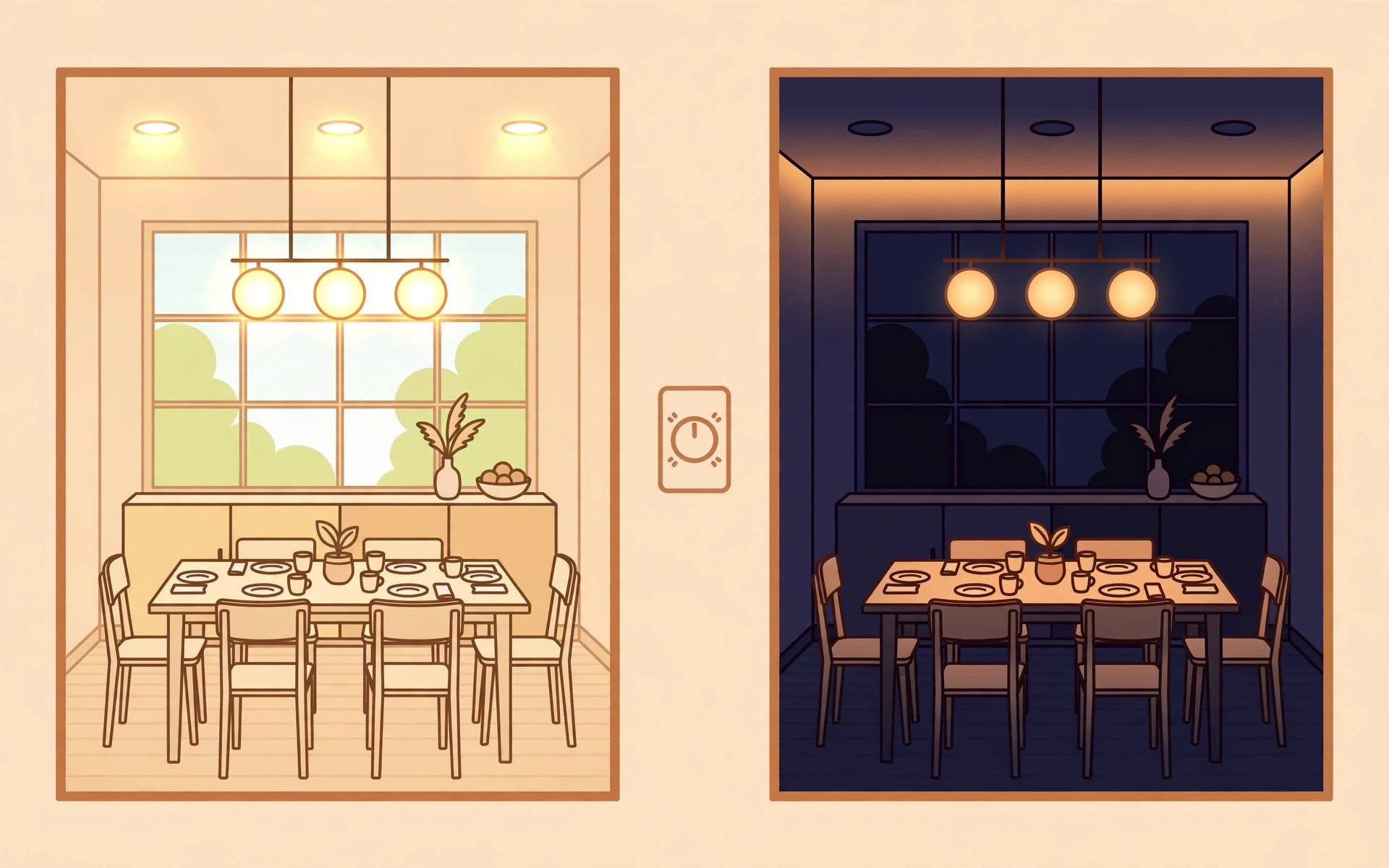 Illustration of the same dining room in bright full-light mode and dim evening mode with a dimmer switch icon
