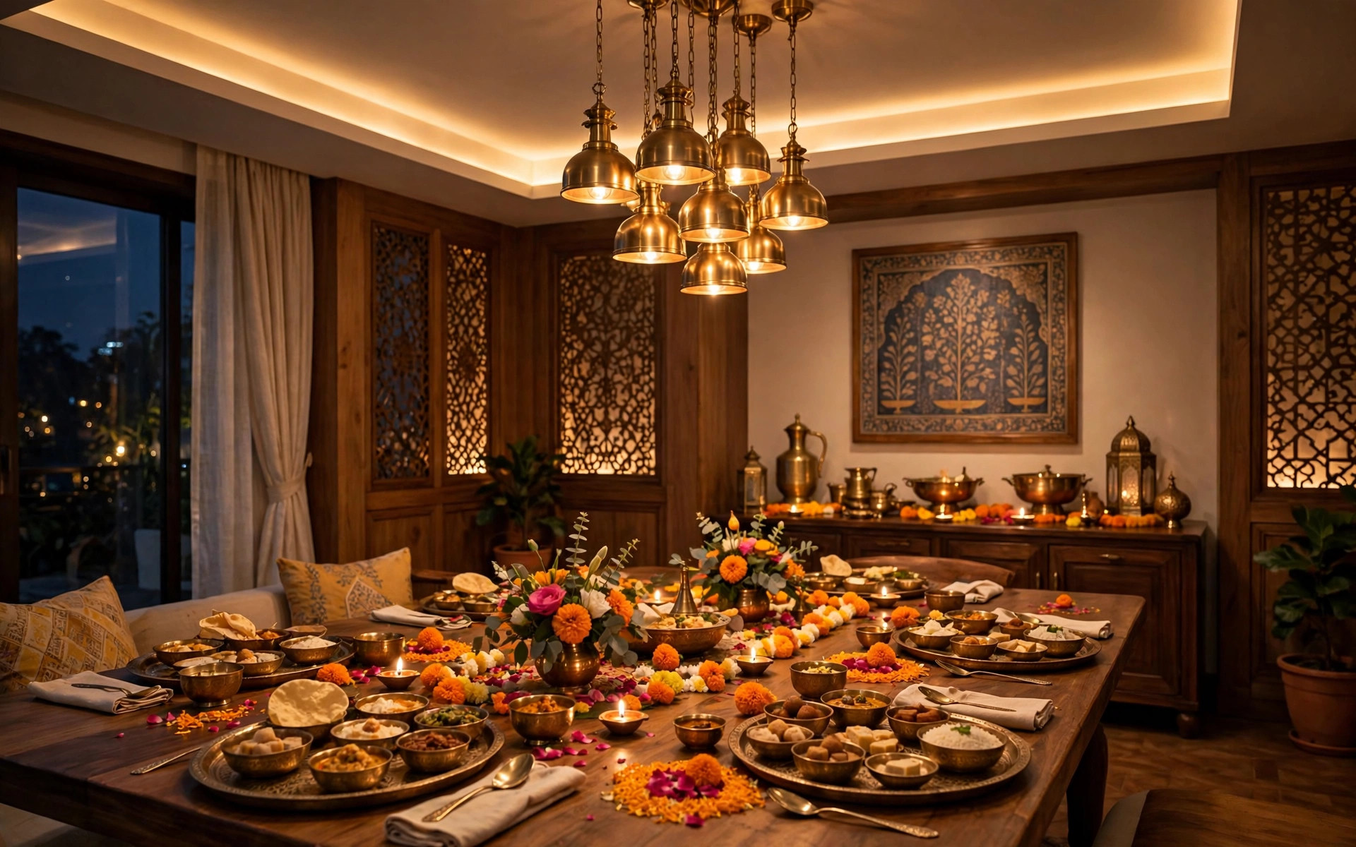 Concept render of a festive Indian dinner table under a tray ceiling with warm cove lighting and a brass pendant cluster