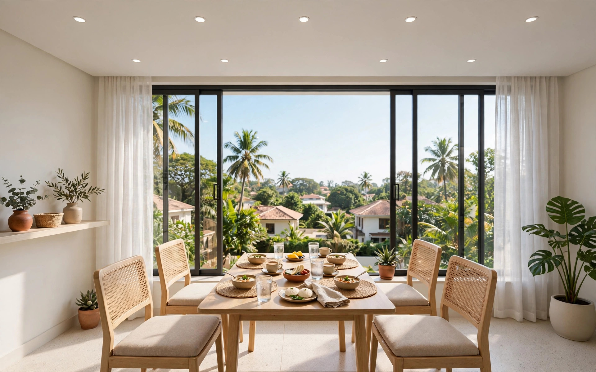Concept render of a bright breakfast nook with a simple flat white false ceiling and recessed spotlights