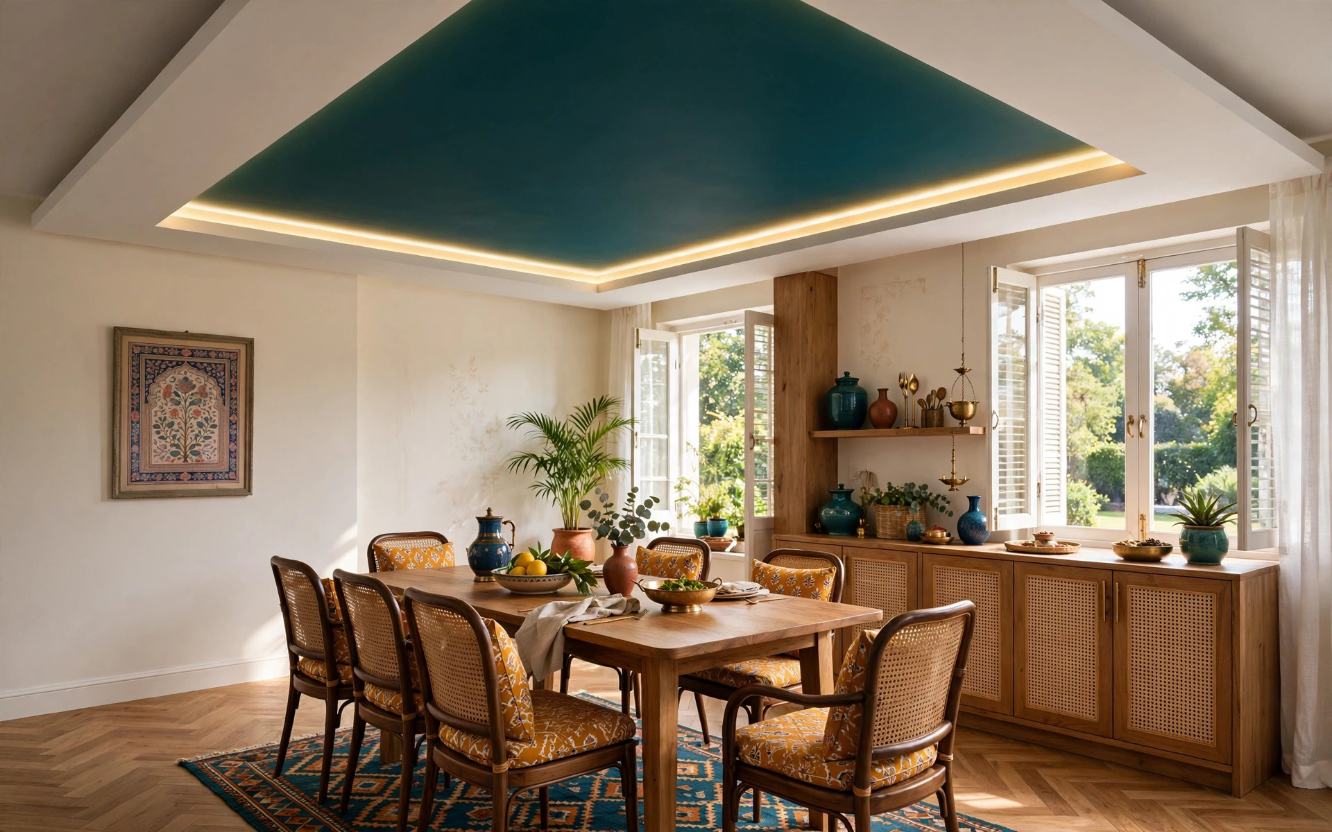 Concept render of a dining room tray false ceiling painted deep teal inside with a warm LED strip along the edge