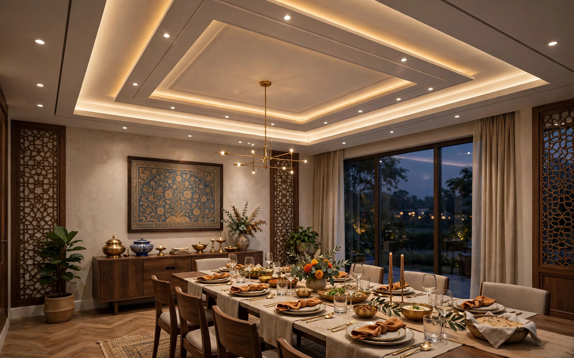 Concept render of an elegant finished dining room with a layered false ceiling combining a central tray, cove lighting and recessed spots