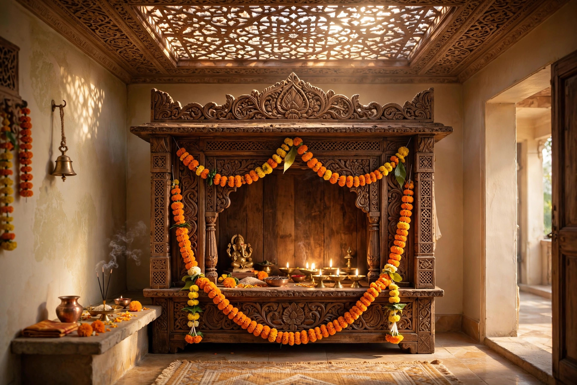 Concept render of a traditional Indian pooja room at morning light with a carved wooden mandir, lit brass diyas and a backlit jali lattice ceiling panel