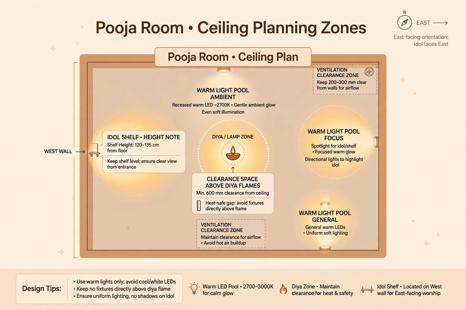 Illustration diagram of pooja room ceiling planning zones showing orientation, idol shelf height, clearance above diyas and warm light pools