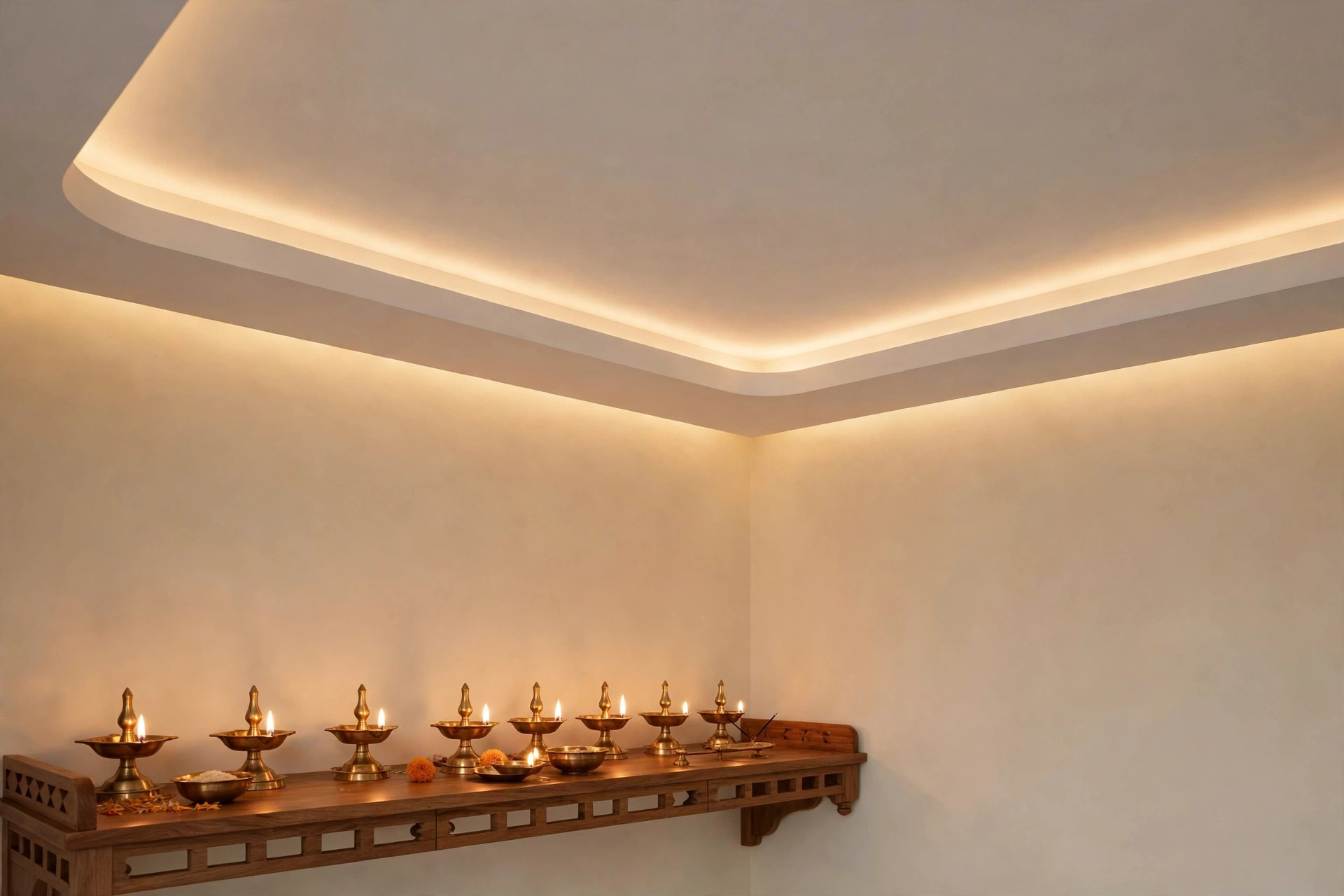 Concept render of a smooth white gypsum pooja room ceiling with a subtle tray edge and warm cove lighting above brass diyas