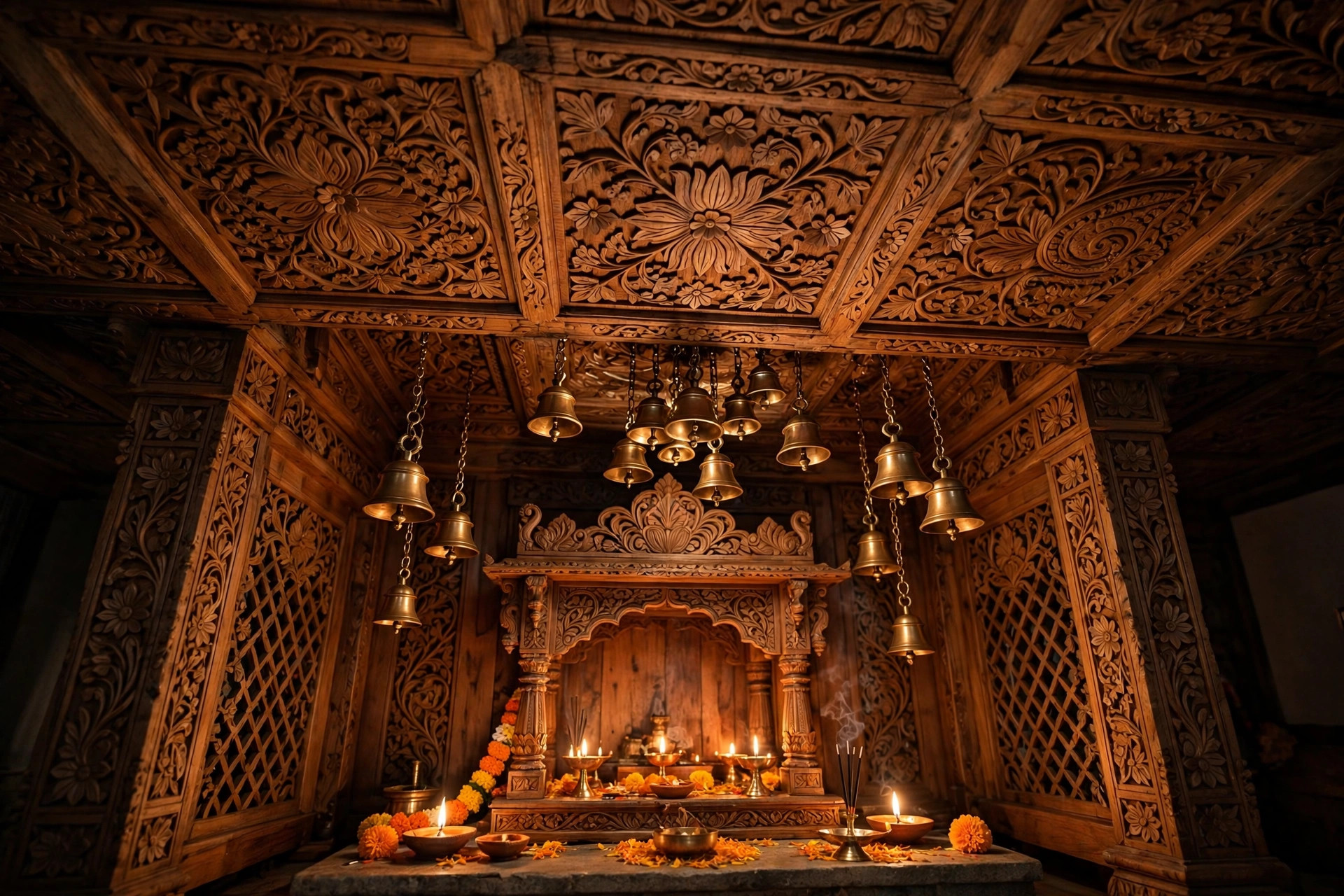 Concept render of carved teak-wood ceiling panels with traditional floral carving above a pooja mandir with brass bells