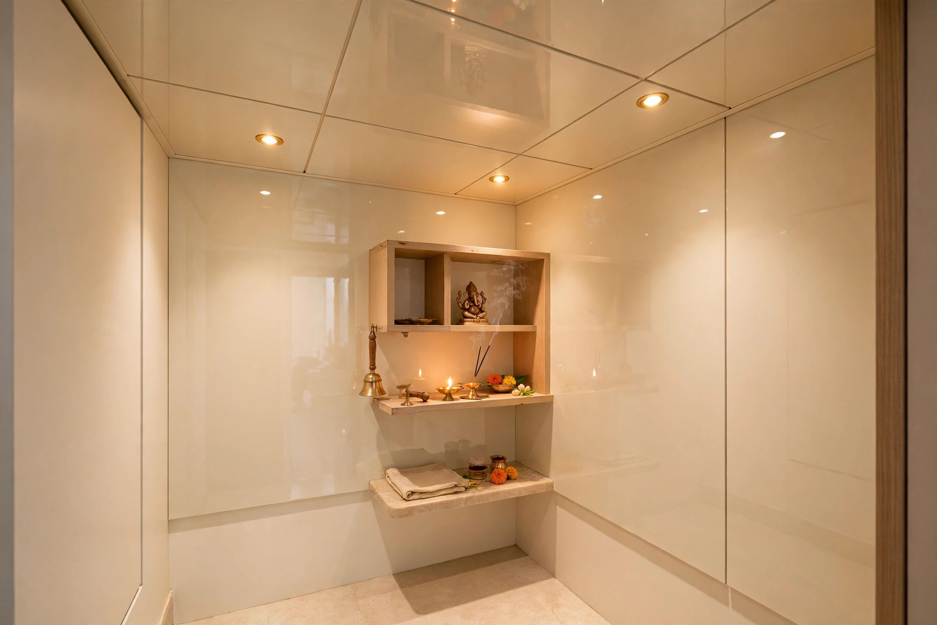 Concept render of a glossy cream PVC panel ceiling with small recessed spotlights in a compact pooja corner