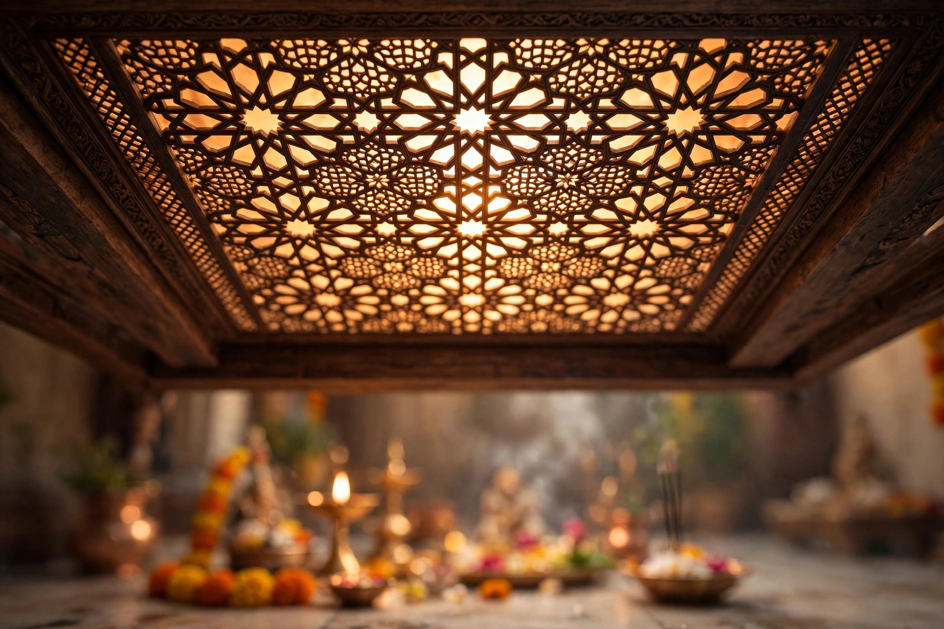 Concept render of an intricate jali lattice ceiling panel with traditional Indian pattern and warm backlight glowing through