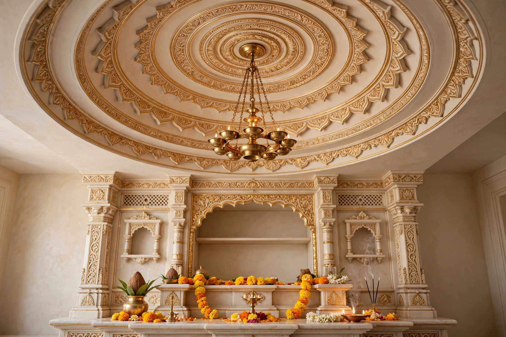 Concept render of a shallow domed ceiling with concentric rings and a central hanging brass lamp over a pooja mandir