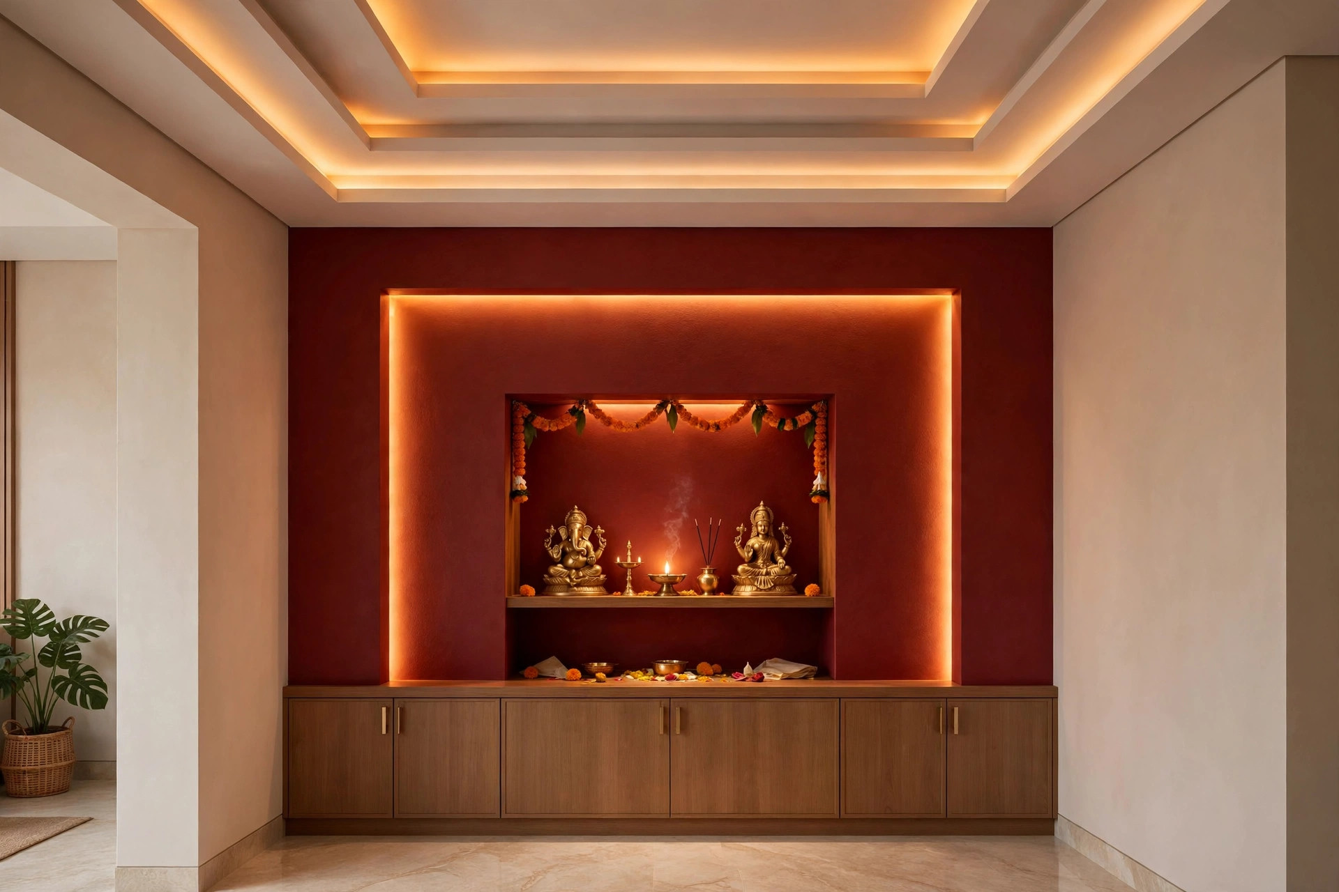 Concept render of a stepped tray ceiling with warm amber cove lighting framing a pooja alcove with brass idols