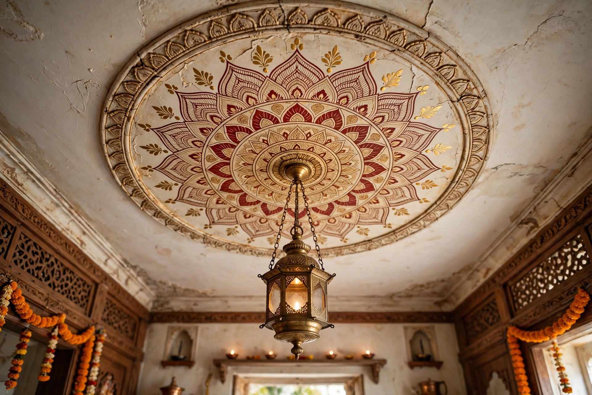 Concept render of a ceiling medallion with a painted mandala motif in gold and deep red around a hanging brass lamp
