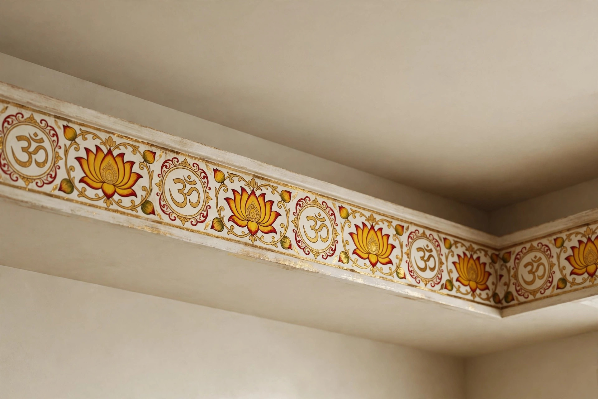 Concept render of a pooja ceiling tray edge decorated with a painted border of Om and lotus motifs in gold and red on ivory