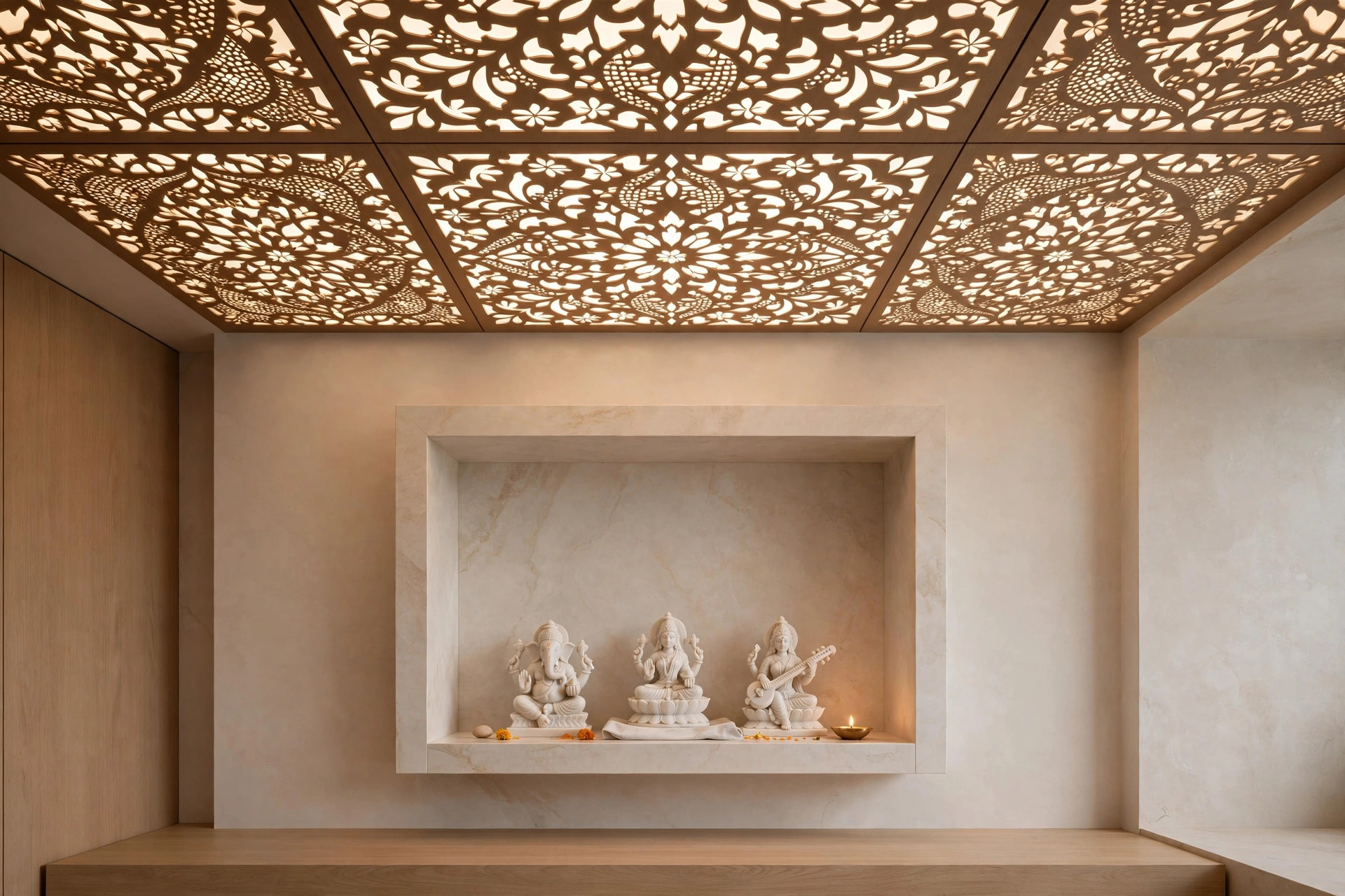 Concept render of a modern backlit jaali panel ceiling with laser-cut floral pattern glowing warm white over a minimalist pooja niche