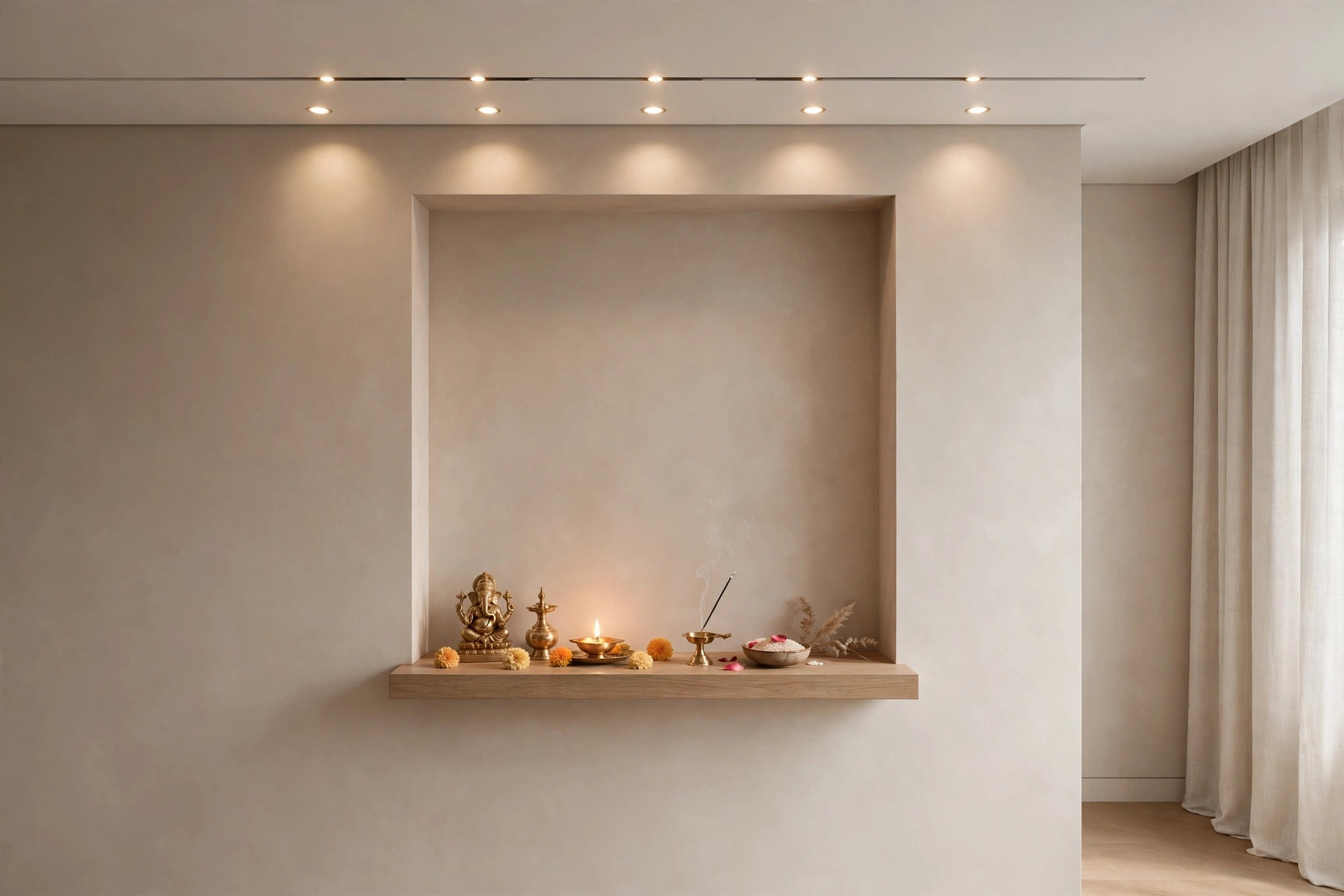 Concept render of a minimalist modern pooja niche with a slim flat white ceiling and warm recessed spotlights over a floating mandir shelf