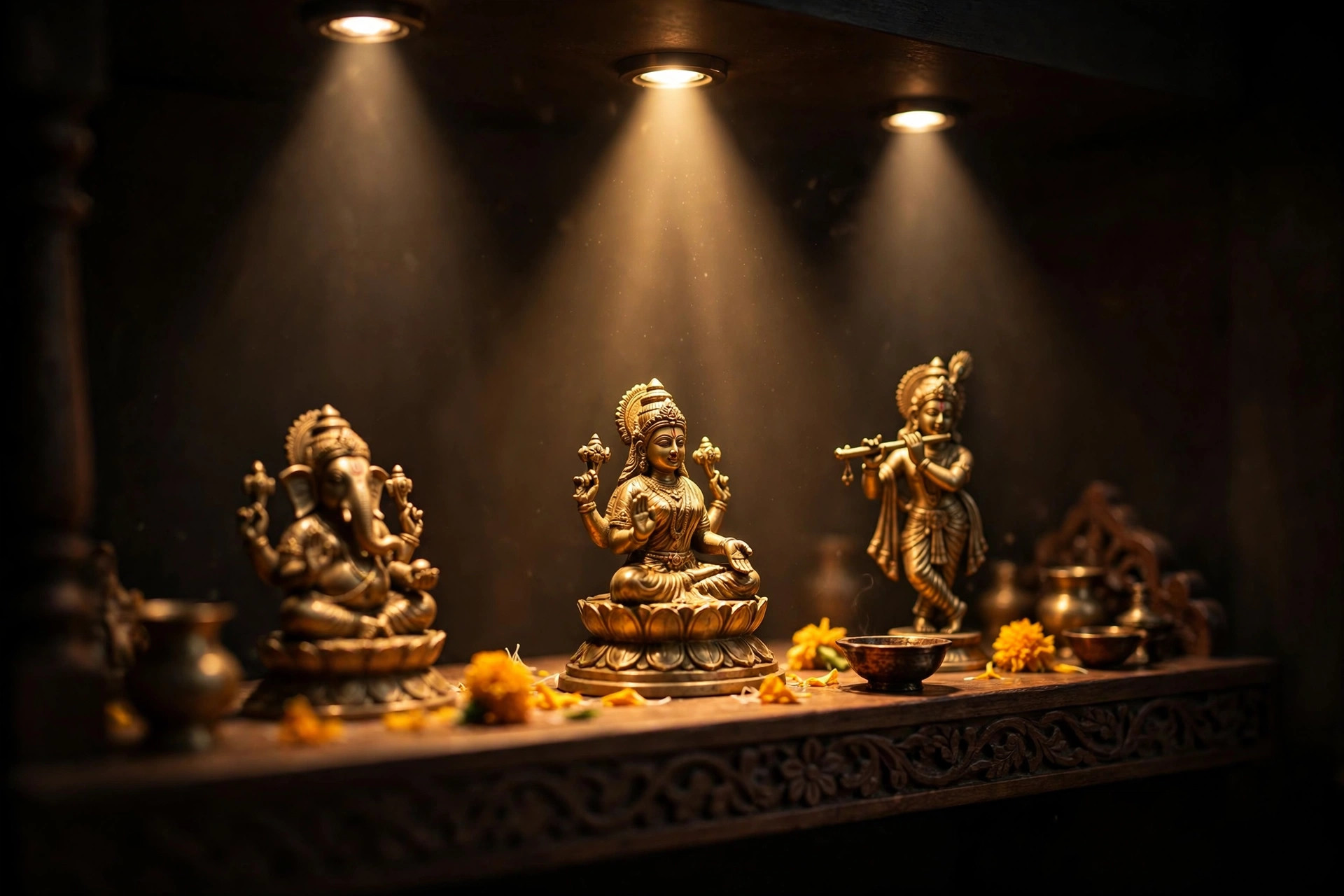 Concept render of warm focused ceiling spotlights aimed at brass idols on a pooja mandir shelf in a dark serene room