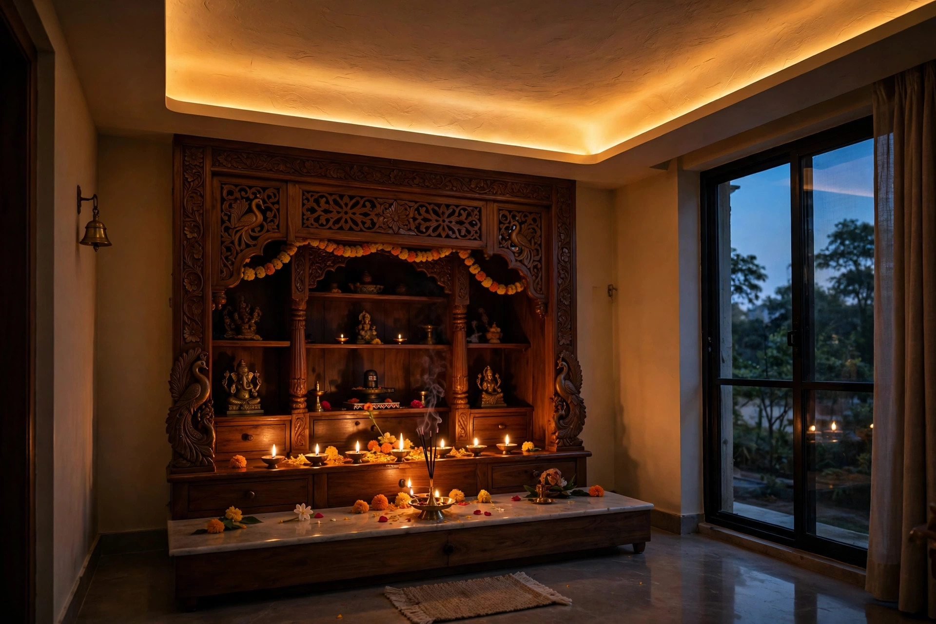 Concept render of a pooja room at dusk with hidden cove light washing the ceiling edge in warm amber glow
