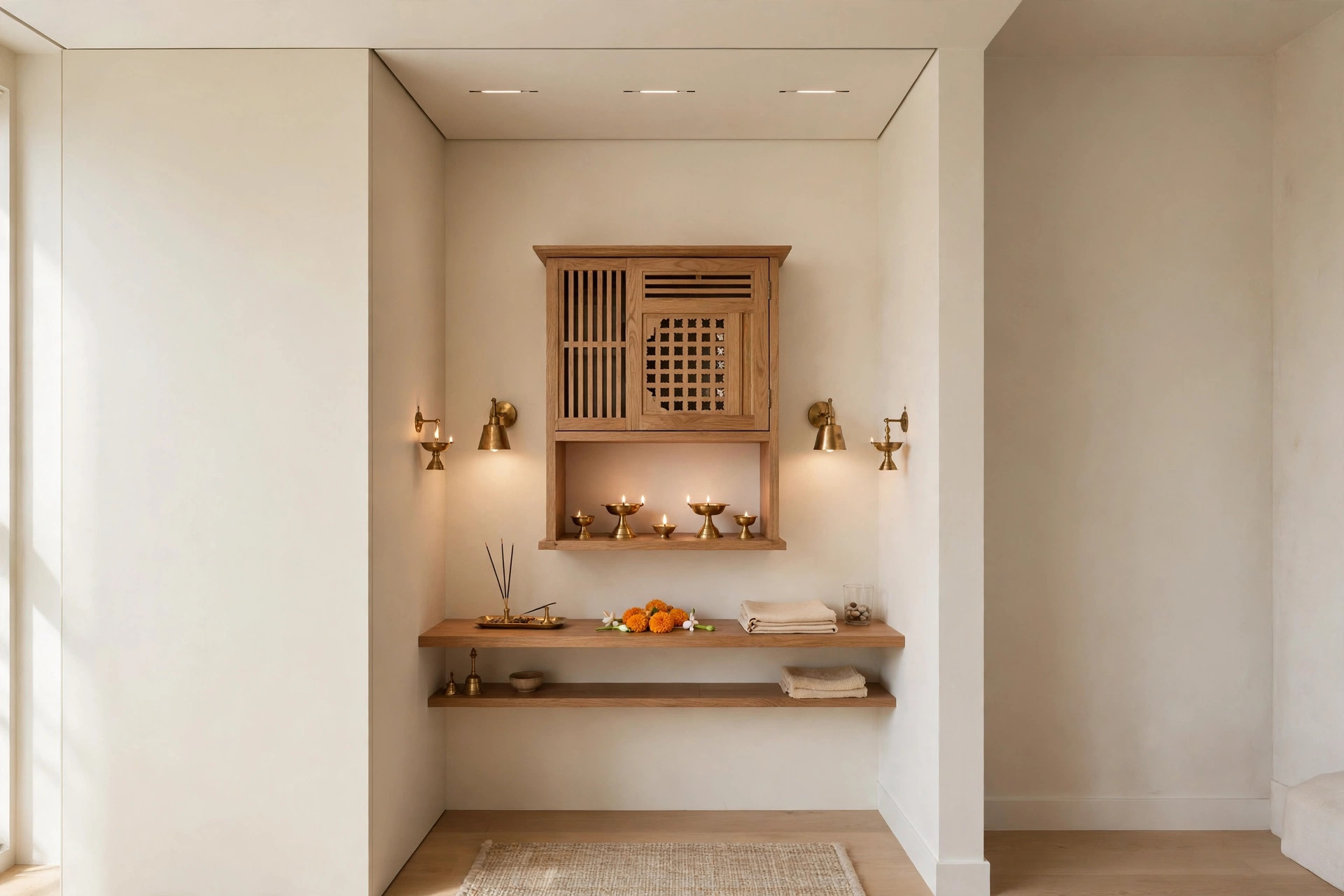Concept render of a compact apartment pooja corner with a slim flat ceiling, wall-mounted wooden mandir and small brass lamps