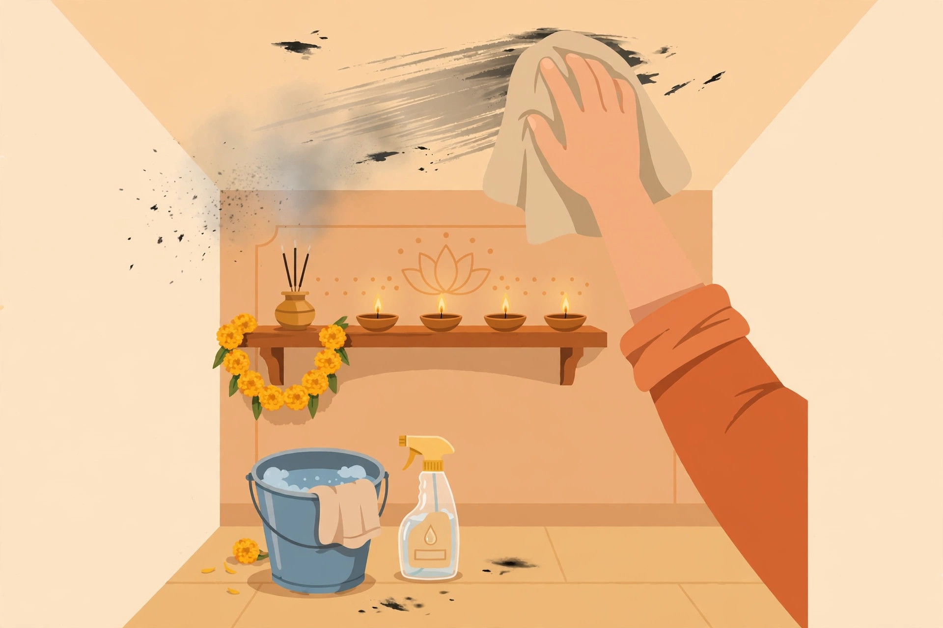 Illustration of a hand wiping a pooja room ceiling near a diya shelf with a soft cloth, cleaning away soot marks