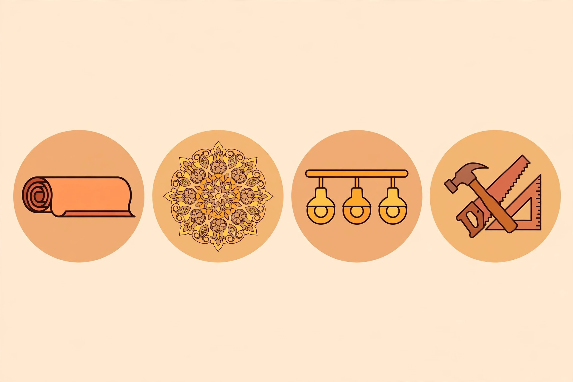Illustration infographic of four pooja ceiling cost drivers: material, motif complexity, lighting count and carpentry work