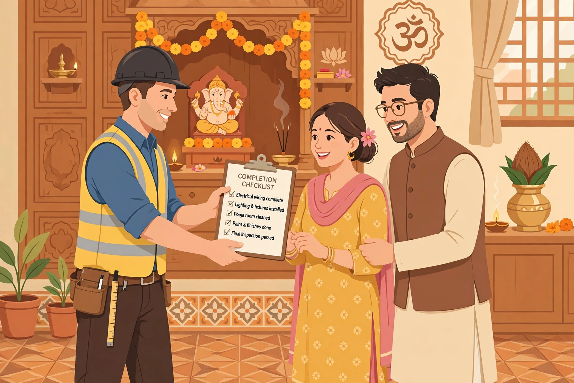 Illustration of a contractor handing a completion checklist to a homeowner couple in a finished traditional pooja room