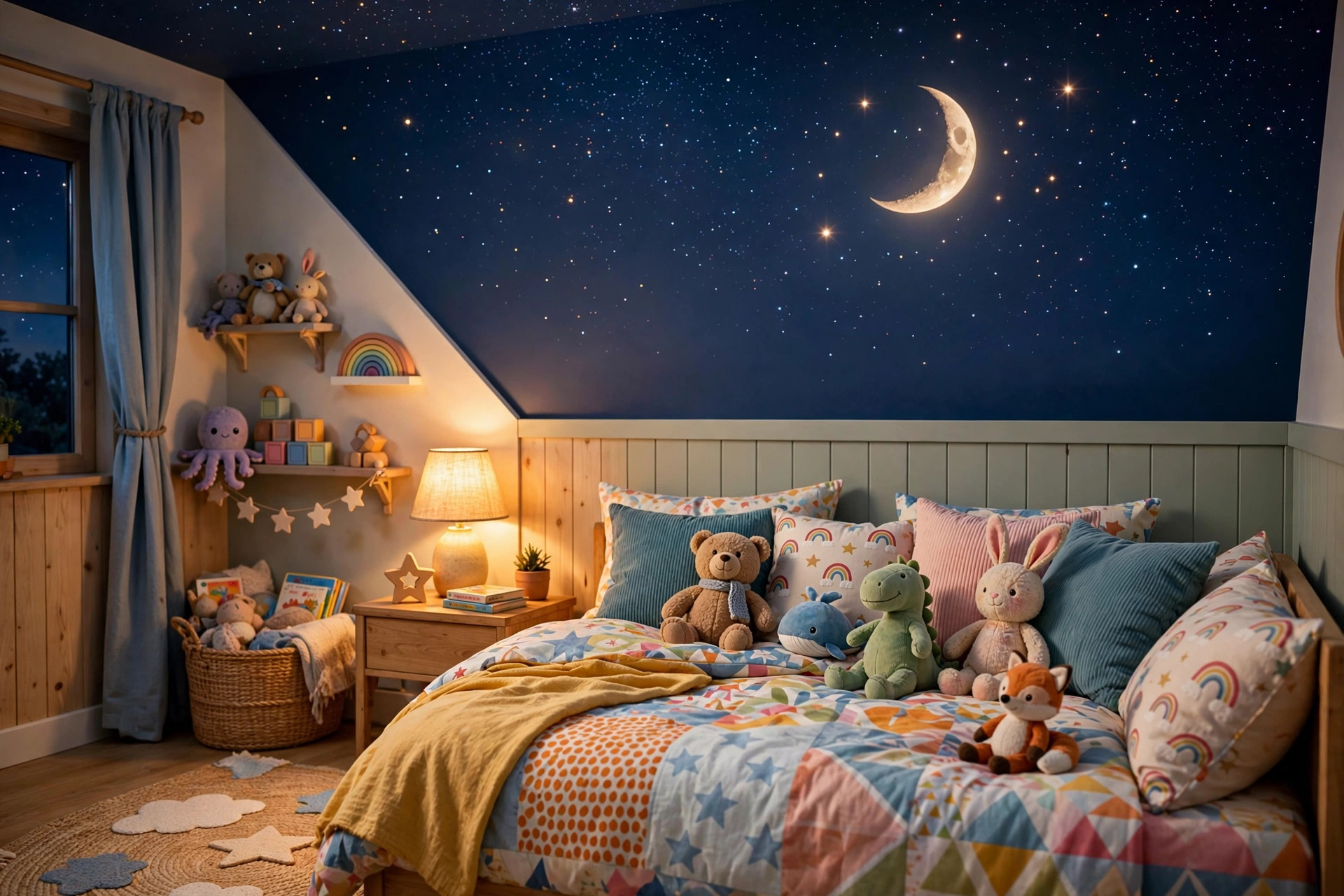 Concept render of a cheerful kids bedroom at bedtime with a deep-blue night-sky ceiling with glowing stars and a crescent moon