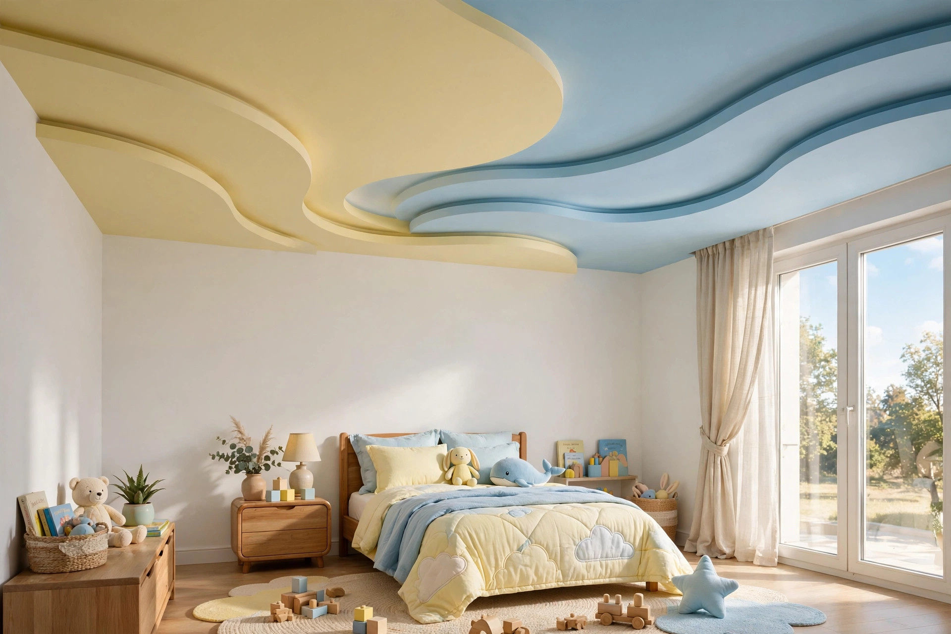 Concept render of a kids bedroom with a gypsum ceiling shaped into playful pastel curves