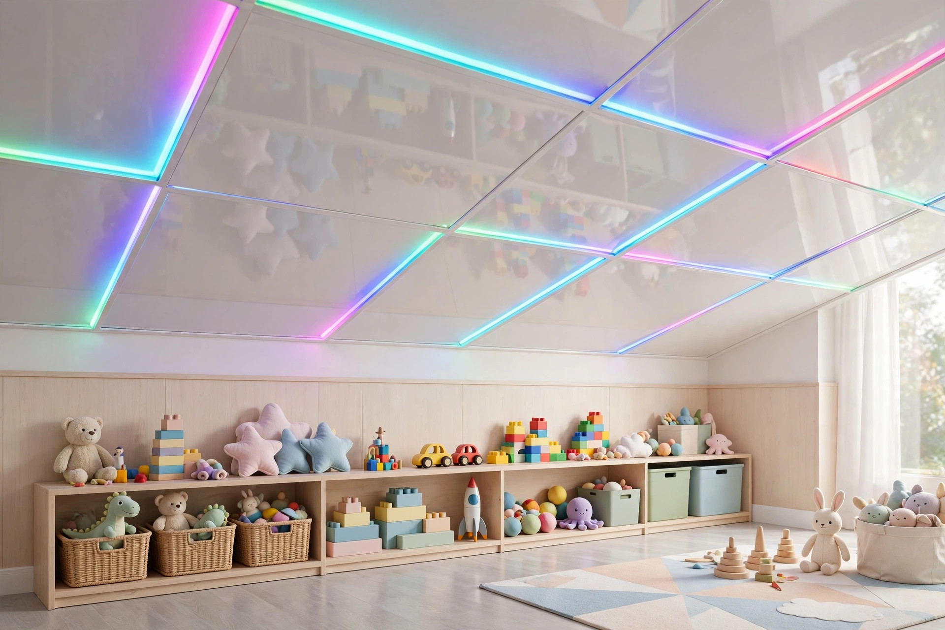 Concept render of a kids room with a glossy bright-white PVC panel ceiling with colorful LED strip accents