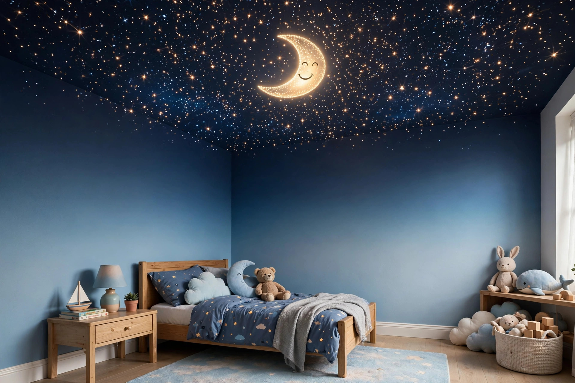 Concept render of a kids bedroom ceiling painted as a deep night sky with glowing star points and a crescent moon