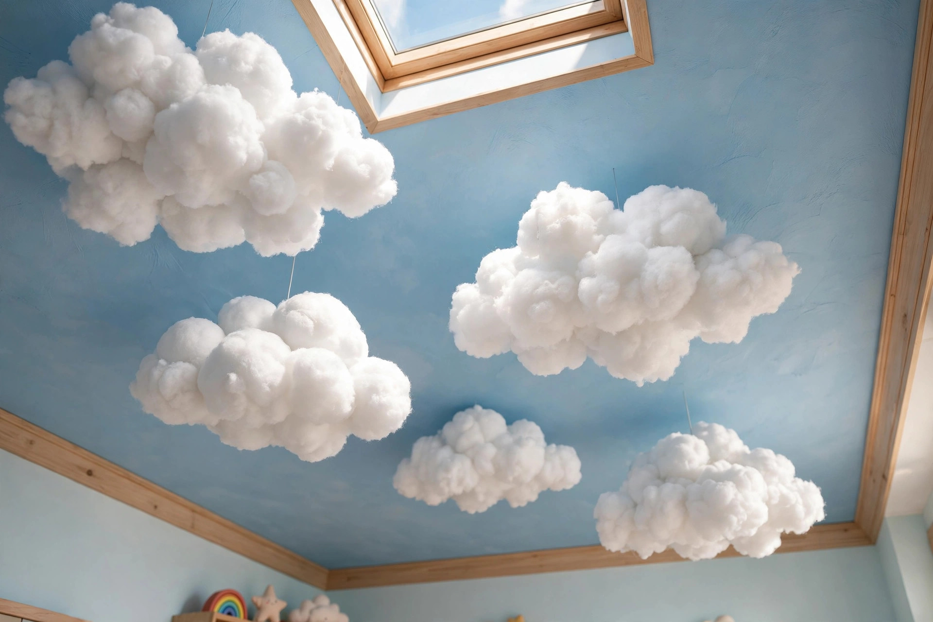 Concept render of a kids room ceiling with soft fluffy cloud shapes floating on a sky-blue background