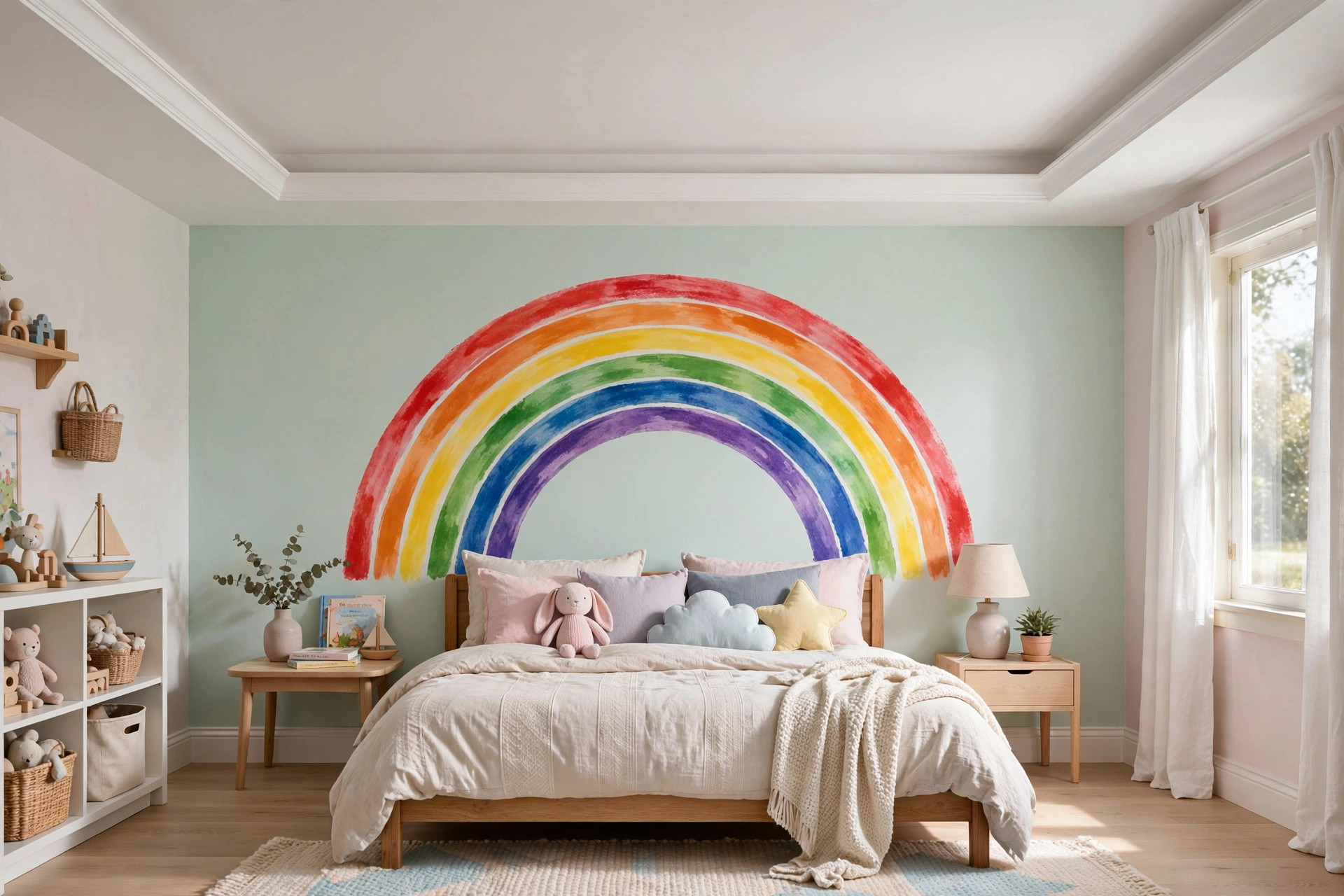 Concept render of a white tray ceiling in a kids bedroom with a hand-painted rainbow arch over the bed