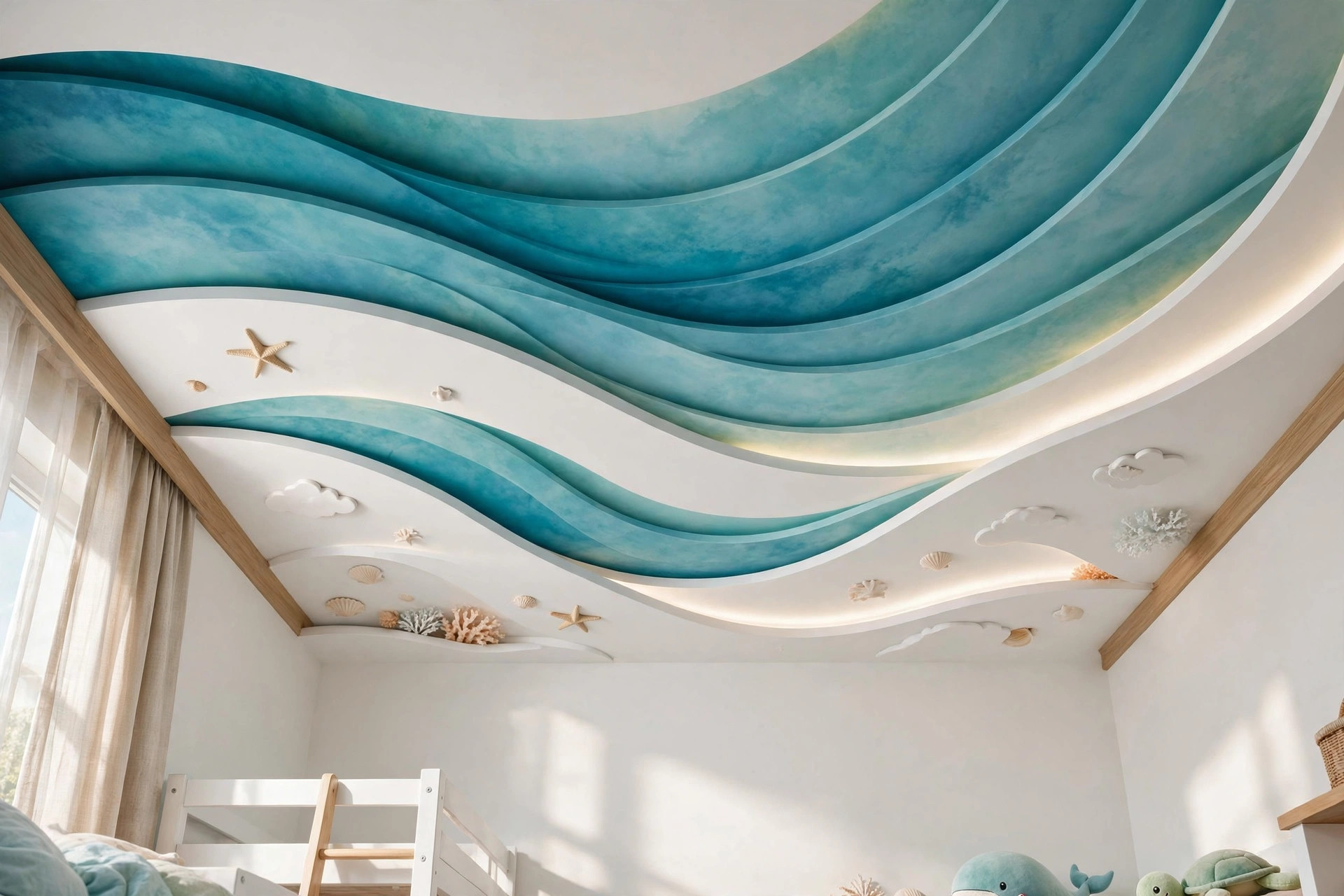Concept render of a kids room ceiling with flowing teal and aqua wave curves on a white base
