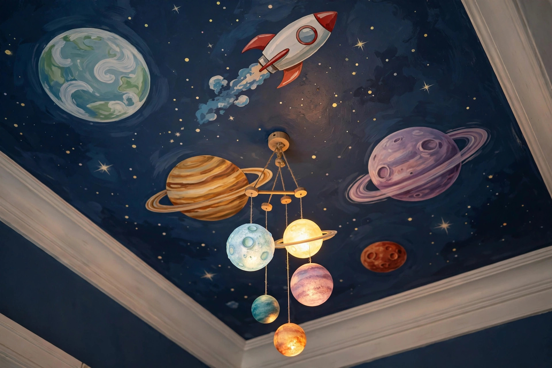 Concept render of a space-themed kids room ceiling with painted planets rockets and stars on dark blue