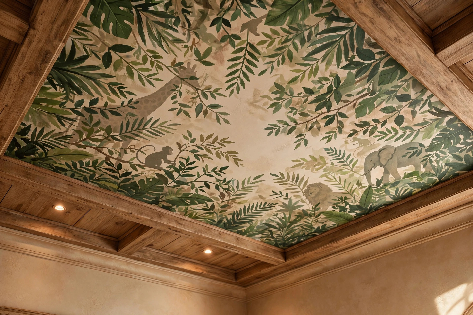 Concept render of a jungle-themed kids room ceiling with green leaf canopy patterns and warm safari tones