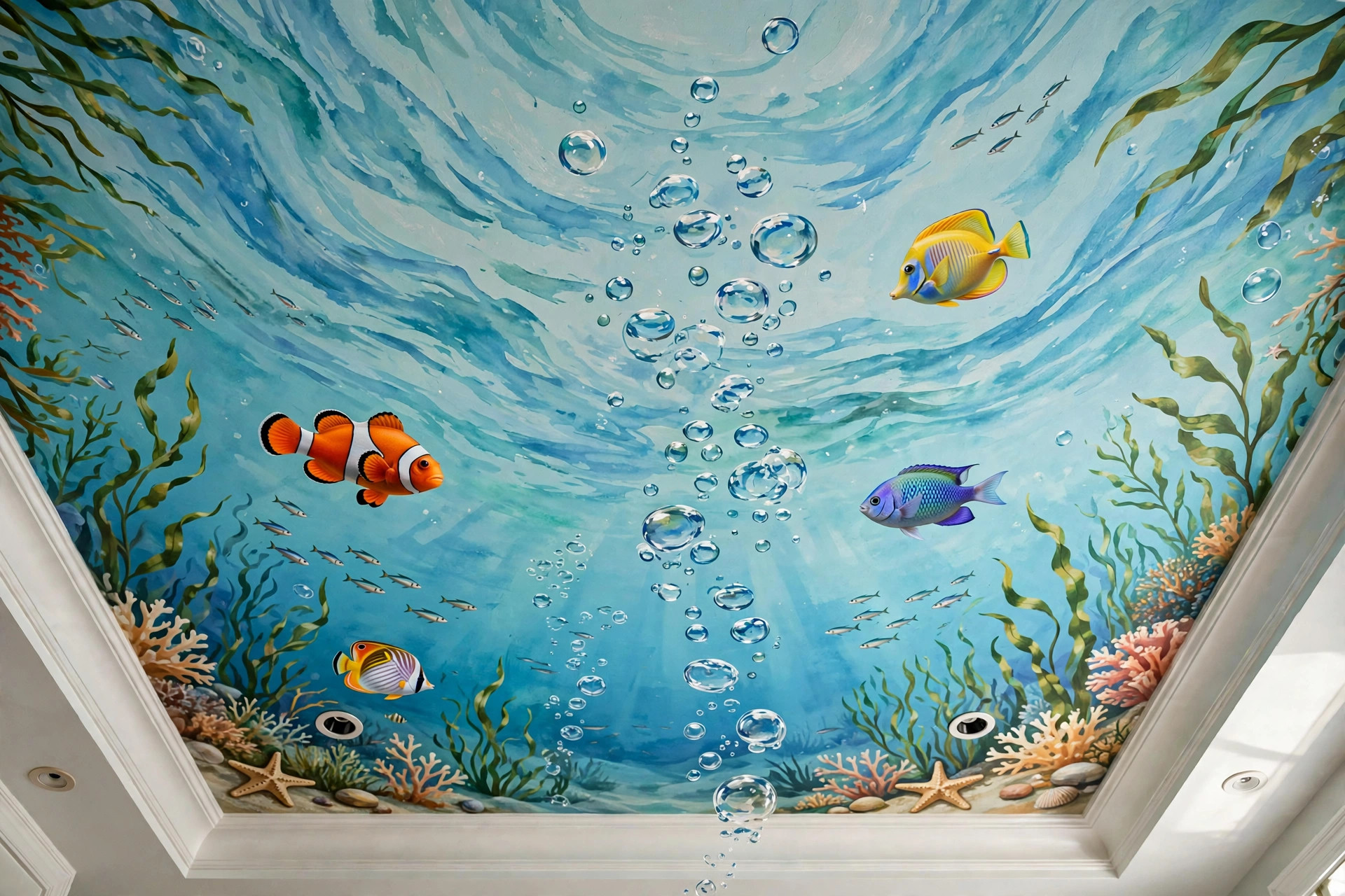 Concept render of an underwater-themed kids room ceiling with painted waves fish and bubbles in aqua blue