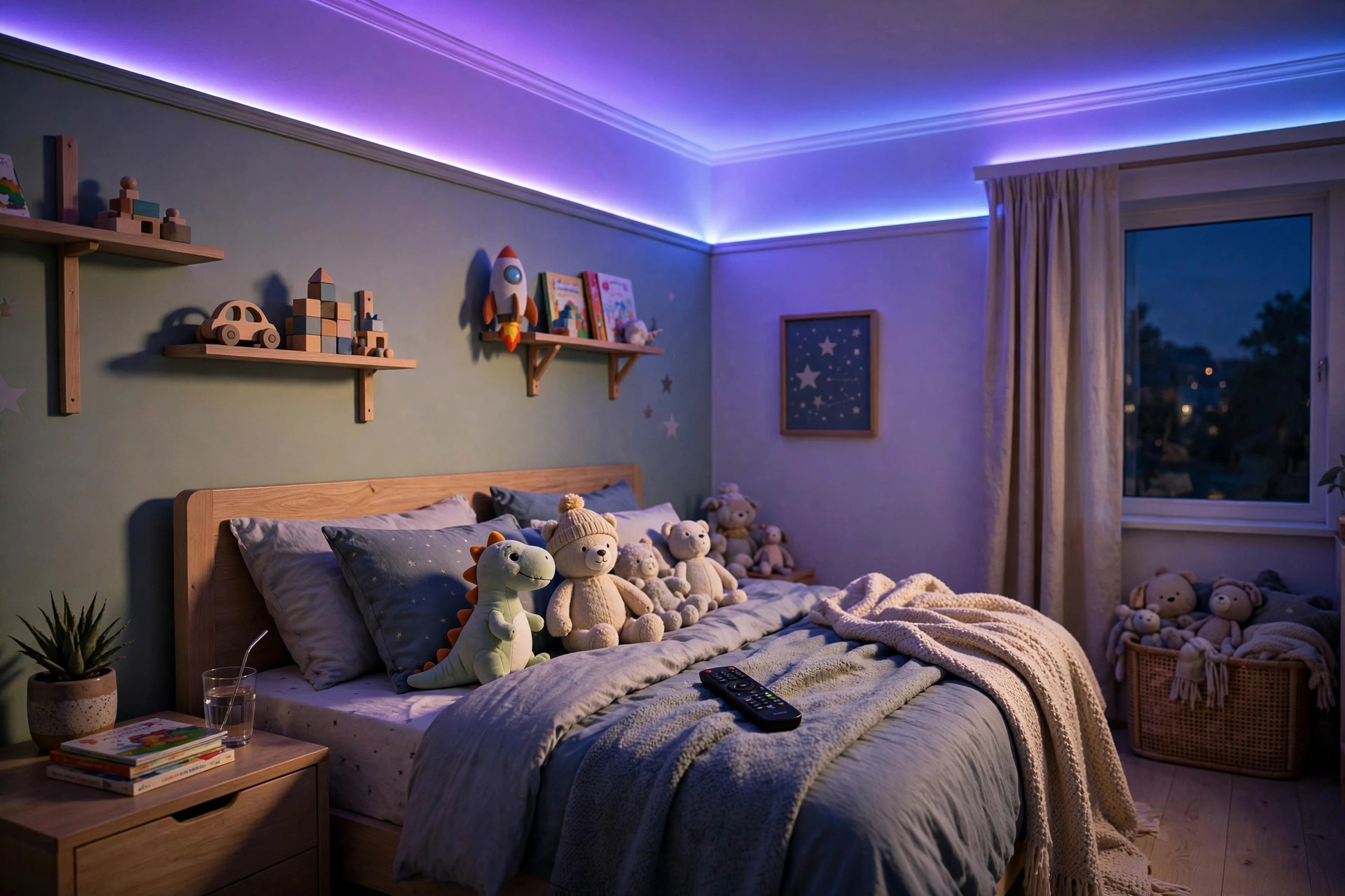 Concept render of a kids bedroom at evening with RGB color-changing cove lighting glowing purple and blue