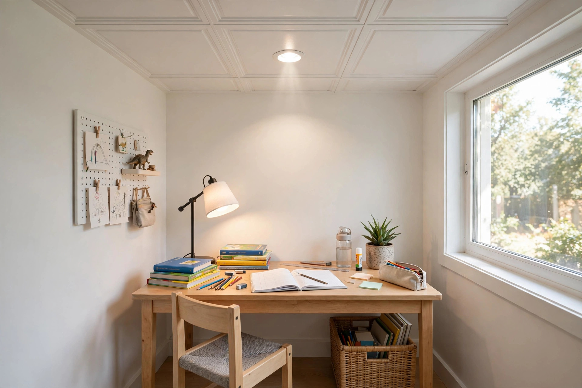 Concept render of a kids study corner with a bright white ceiling panel and focused downlight over a small desk