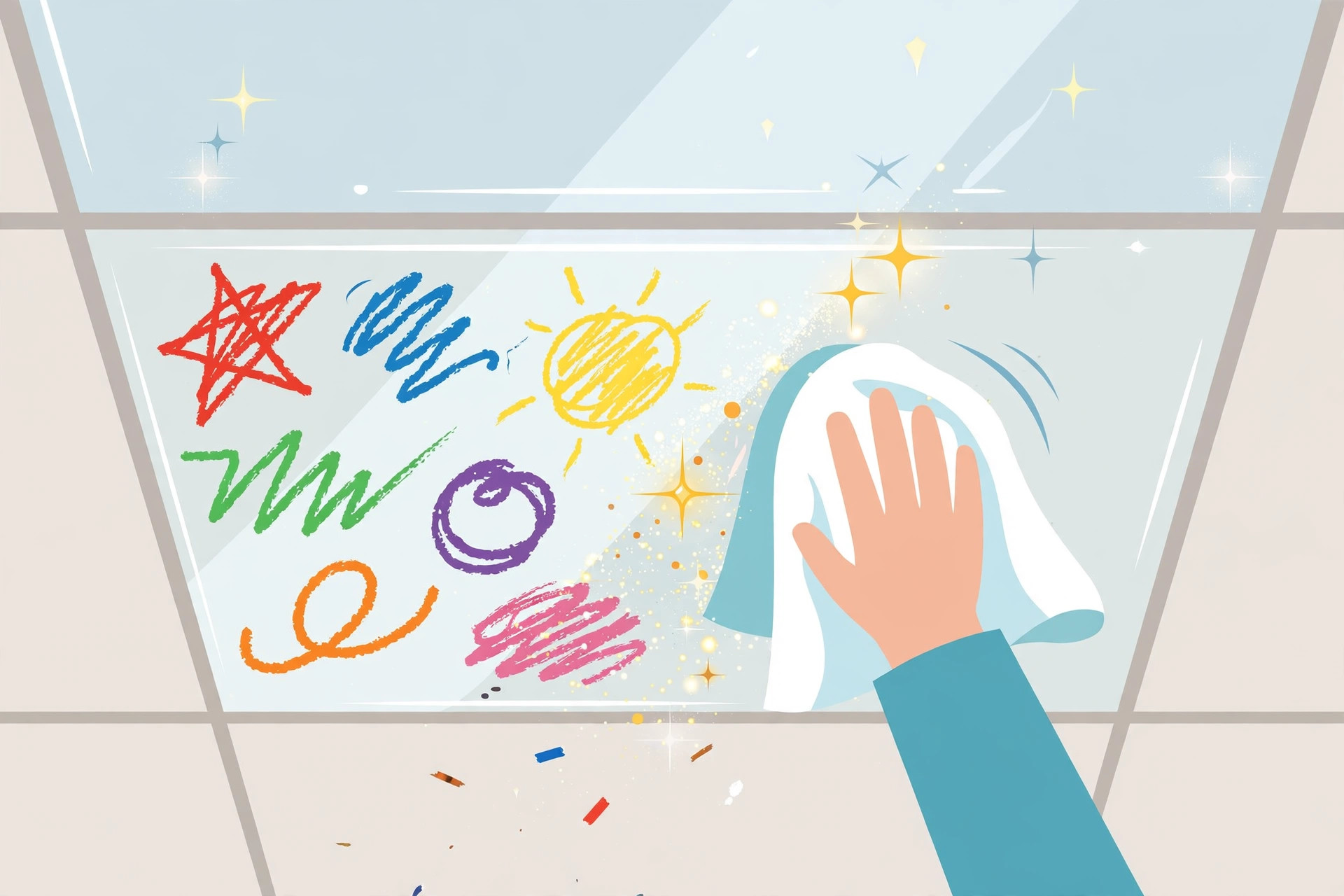 Illustration of crayon scribbles being wiped off a glossy ceiling panel with a cloth