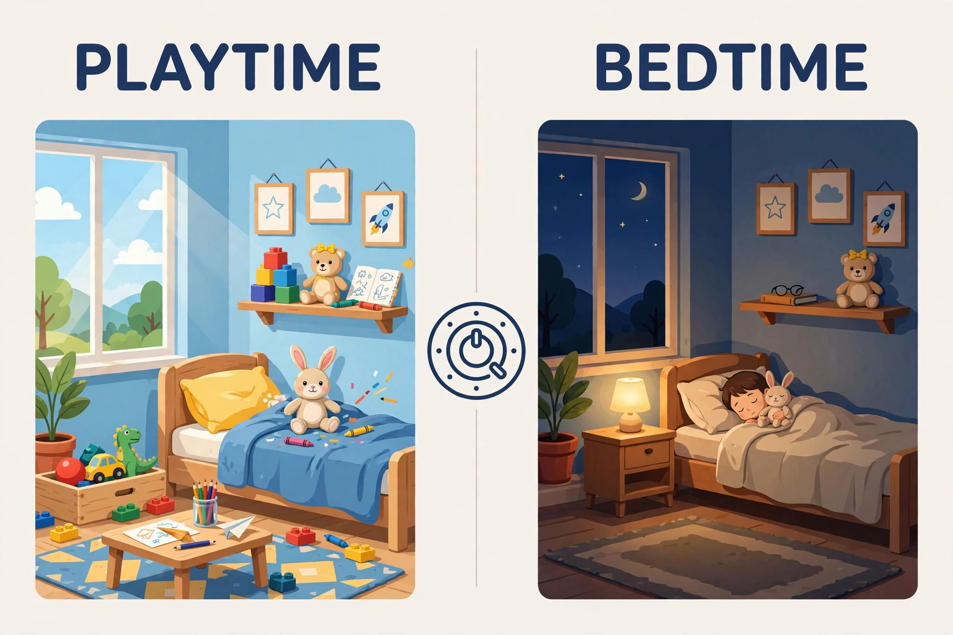 Illustration showing a kids bedroom bright for playtime and dim warm for bedtime with a dimmer switch icon