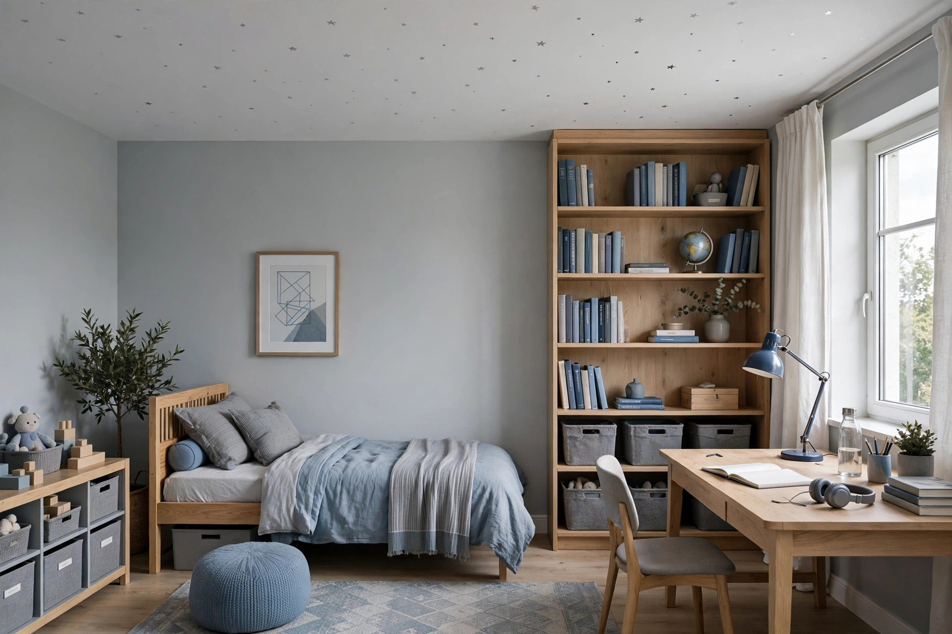 Concept render of an adaptable neutral kids room for a growing child with a soft white ceiling with subtle star decals and a teen study desk