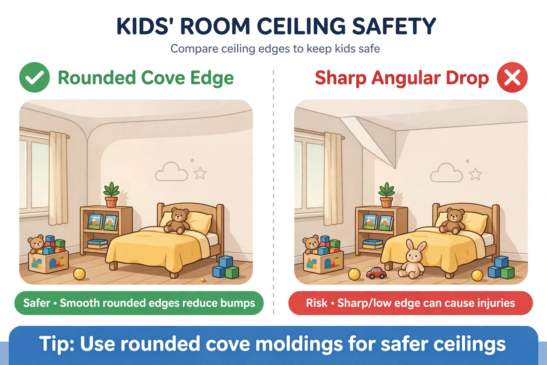 Illustration safety diagram comparing rounded cove ceiling edges versus sharp angular drops in a kids room