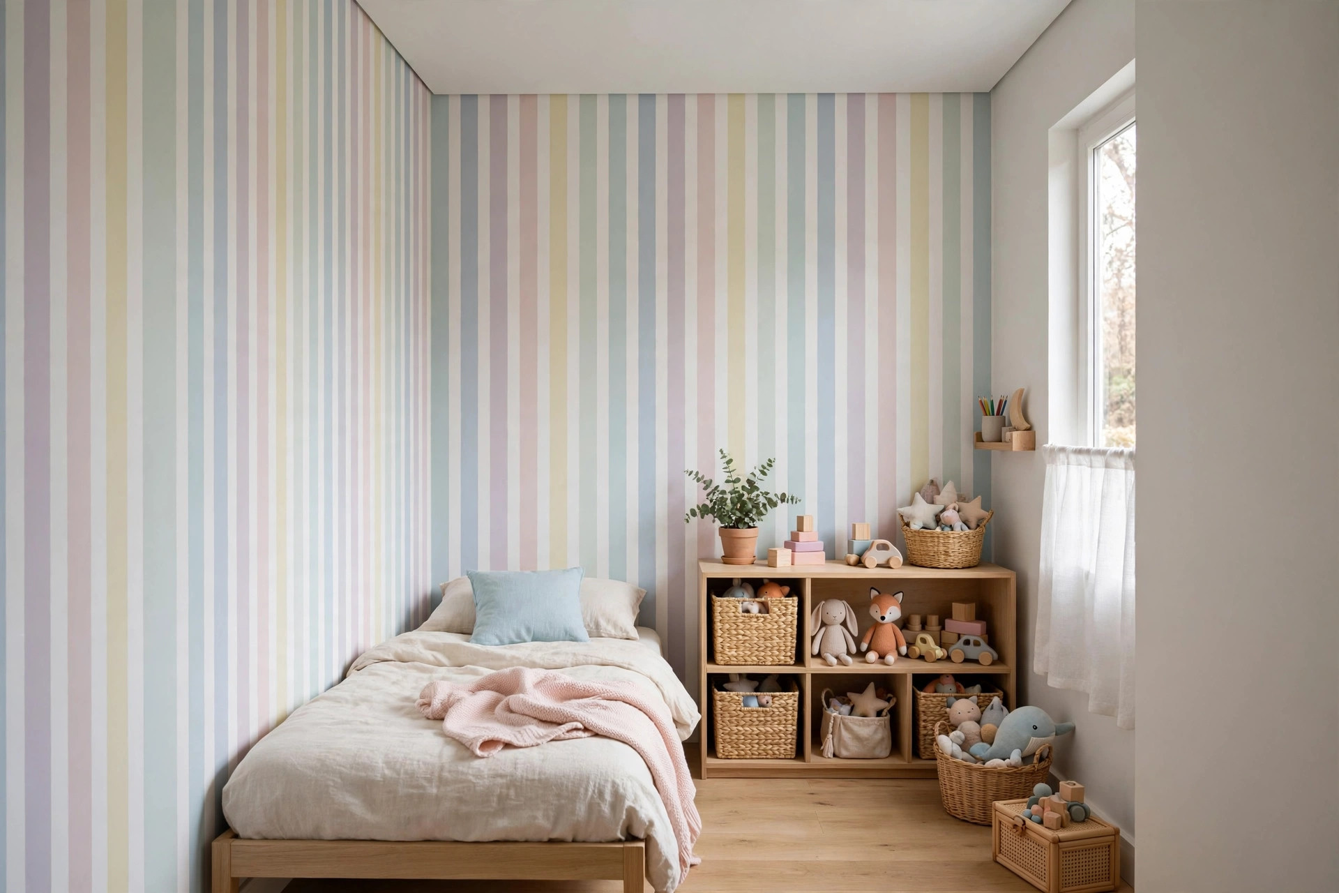 Concept render of a small kids bedroom with a slim flat white ceiling and soft pastel wall stripes making the room feel taller