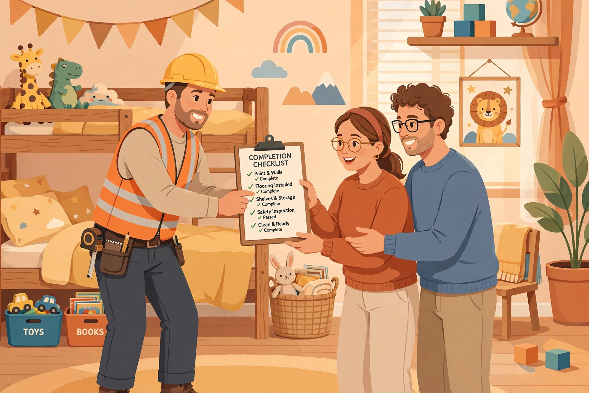 Illustration of a contractor handing a completion checklist to parents in a finished colorful kids bedroom