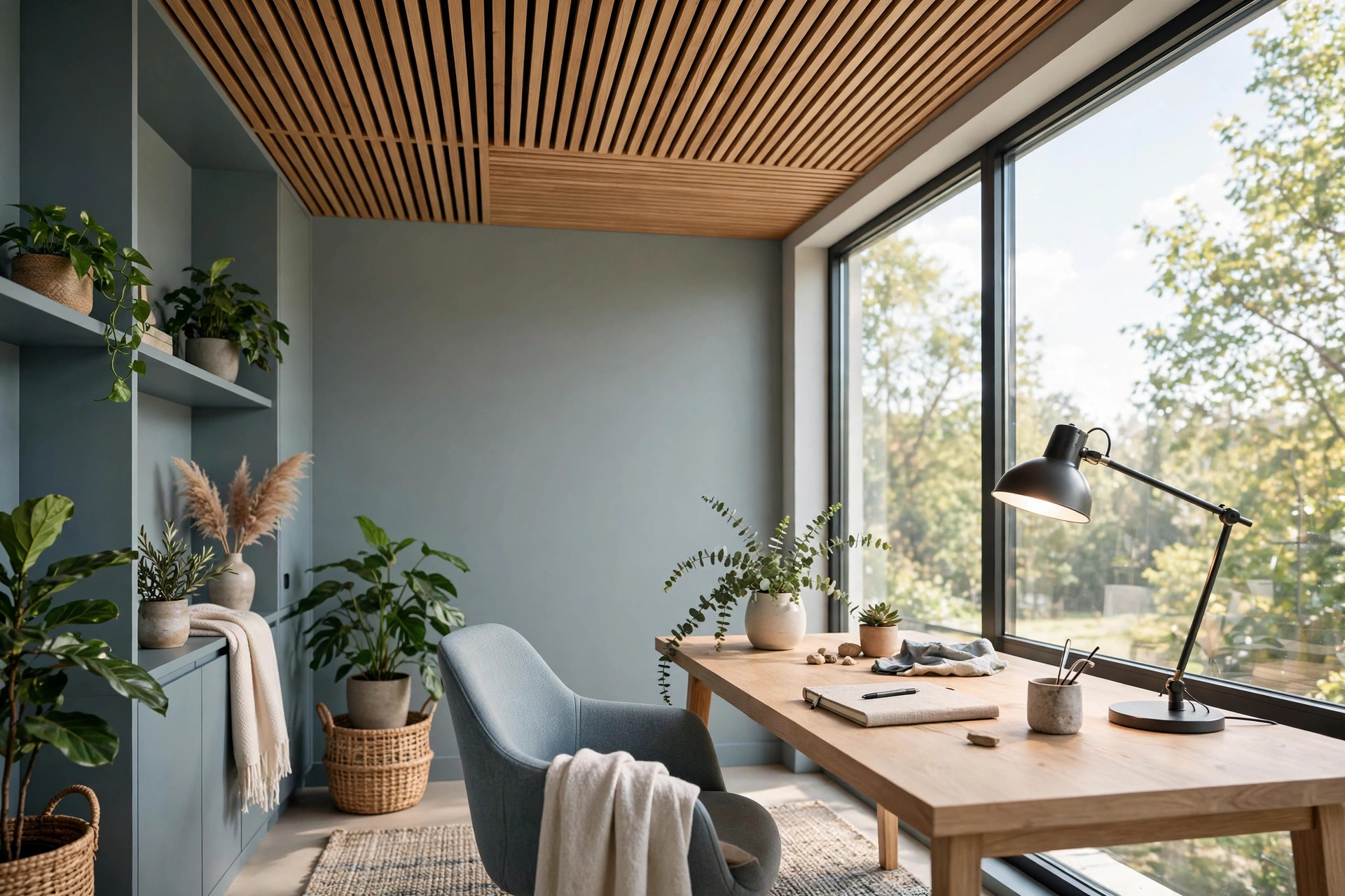 Concept render of a calm home office in daytime with a desk by a large window, wooden acoustic slat ceiling and a focused task lamp