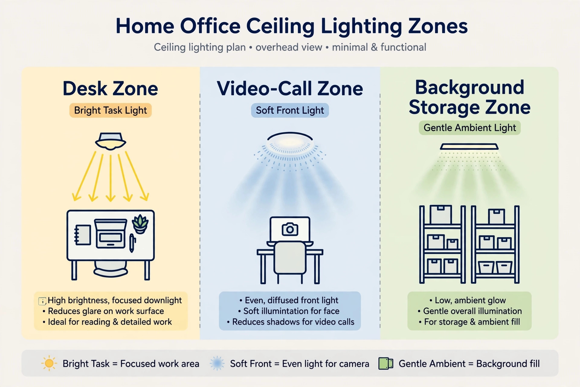 Illustration diagram of home office ceiling lighting zones for the desk, video-call area and background storage