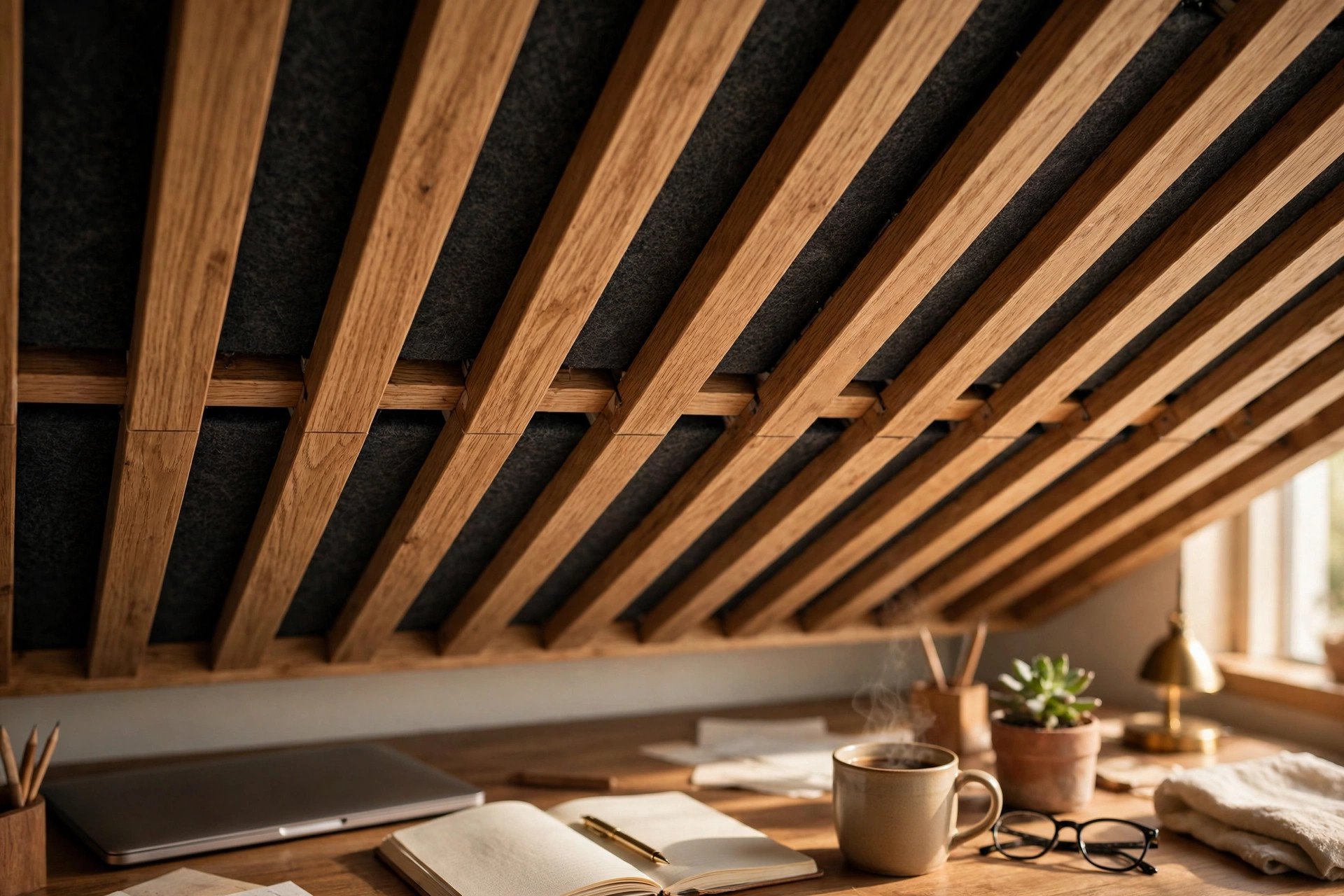 Concept render close-up of wooden acoustic slat ceiling panels with dark felt baffles over a home office desk